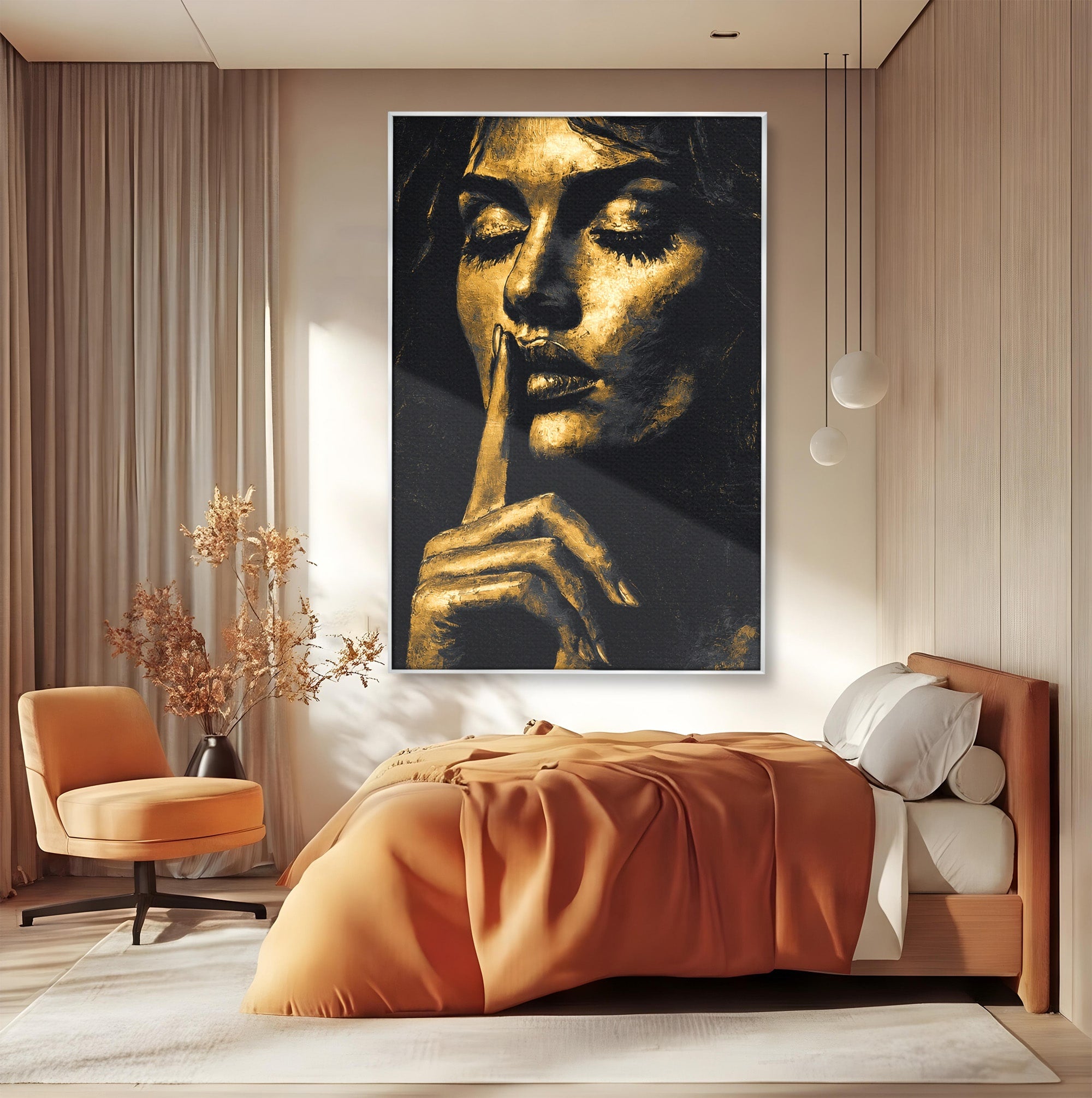 Tablou Canvas Premium LuxCanva® G1282, Tacere Aurie, Portret, Femeie, Mister, Elegant, Dormitor, Birou, Culori Vibrante