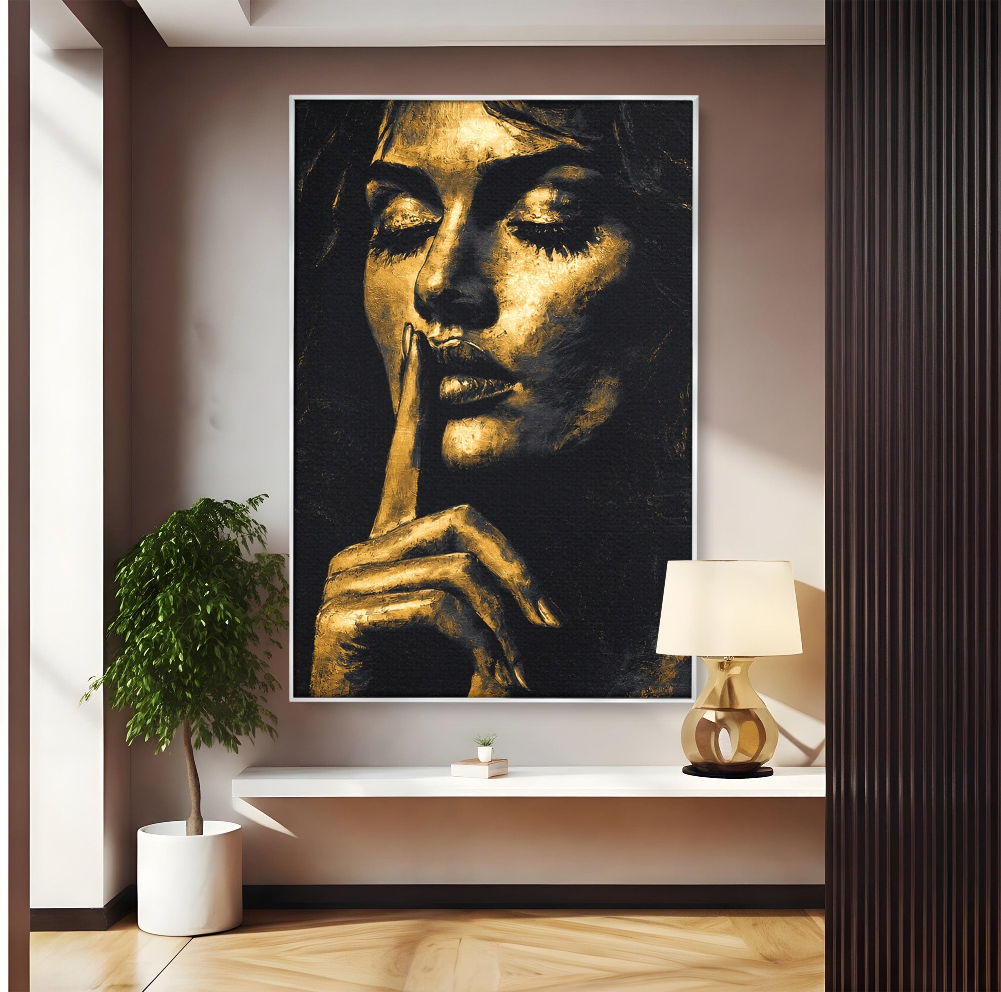 Tablou Canvas Premium LuxCanva® G1282, Tacere Aurie, Portret, Femeie, Mister, Elegant, Dormitor, Birou, Culori Vibrante