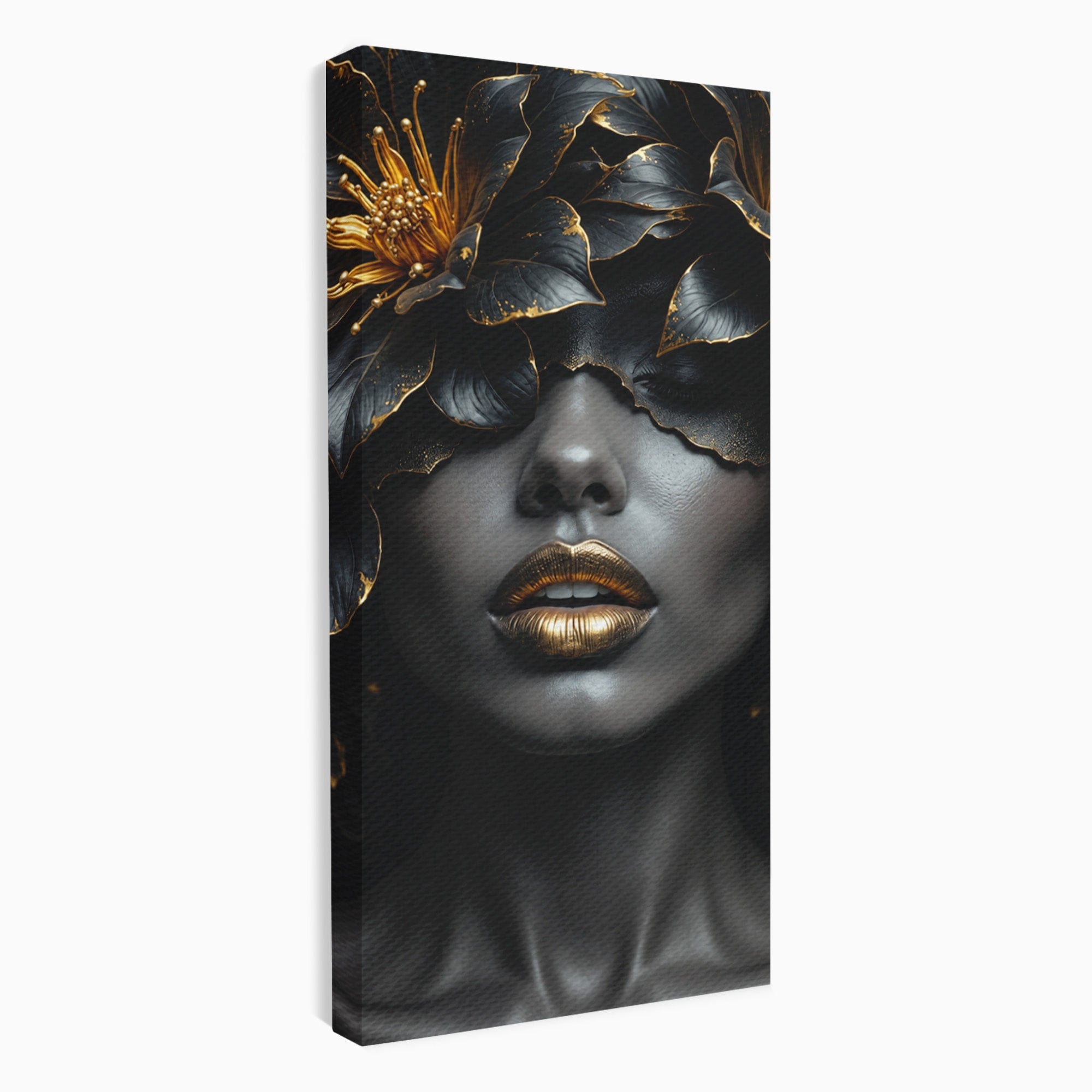 Tablou Canvas Premium LuxCanva® G1286, Misterul Florilor de Aur, Portret, Flori, Mister, Eleganta, Dormitor, Culori Vibrante