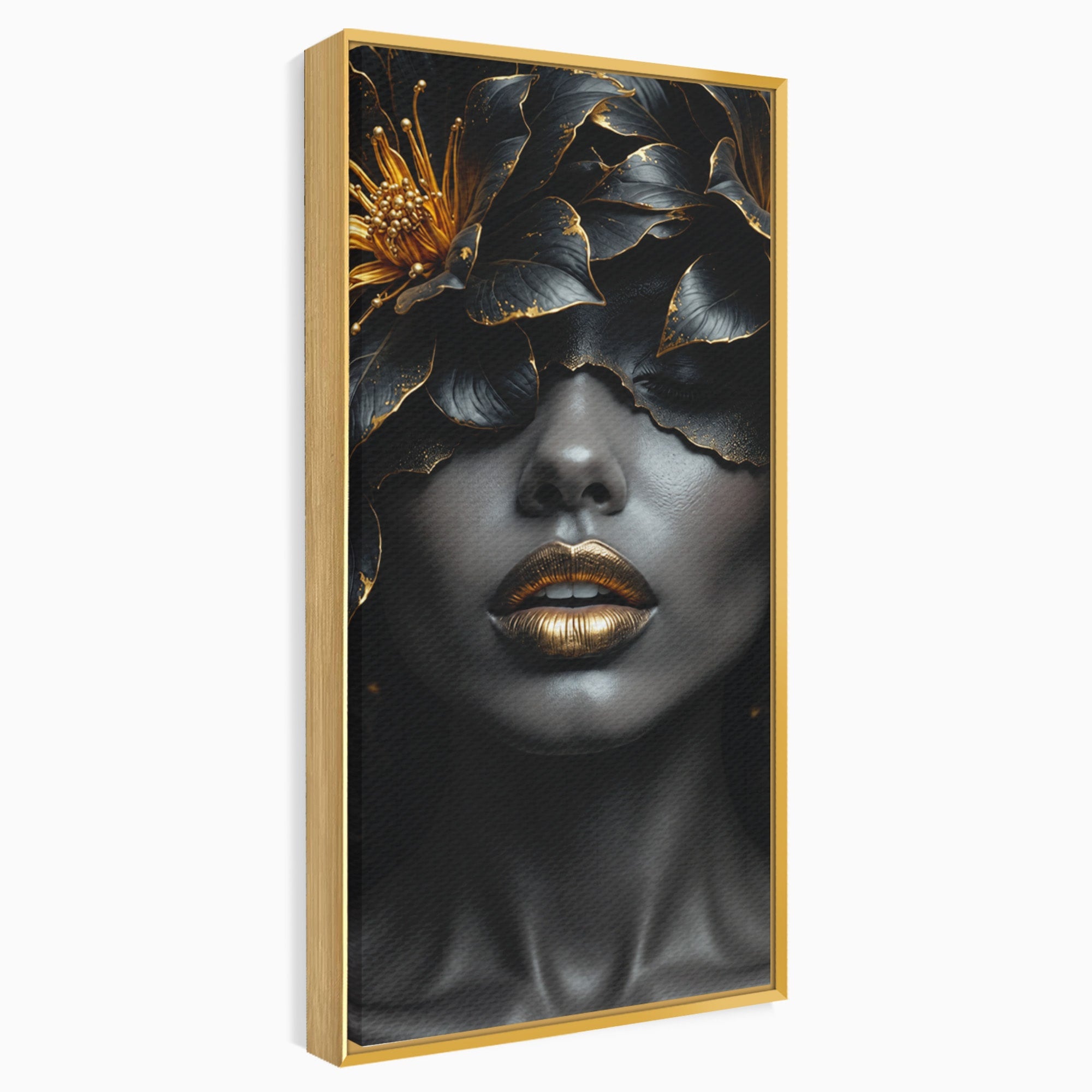 Tablou Canvas Premium LuxCanva® G1286, Misterul Florilor de Aur, Portret, Flori, Mister, Eleganta, Dormitor, Culori Vibrante