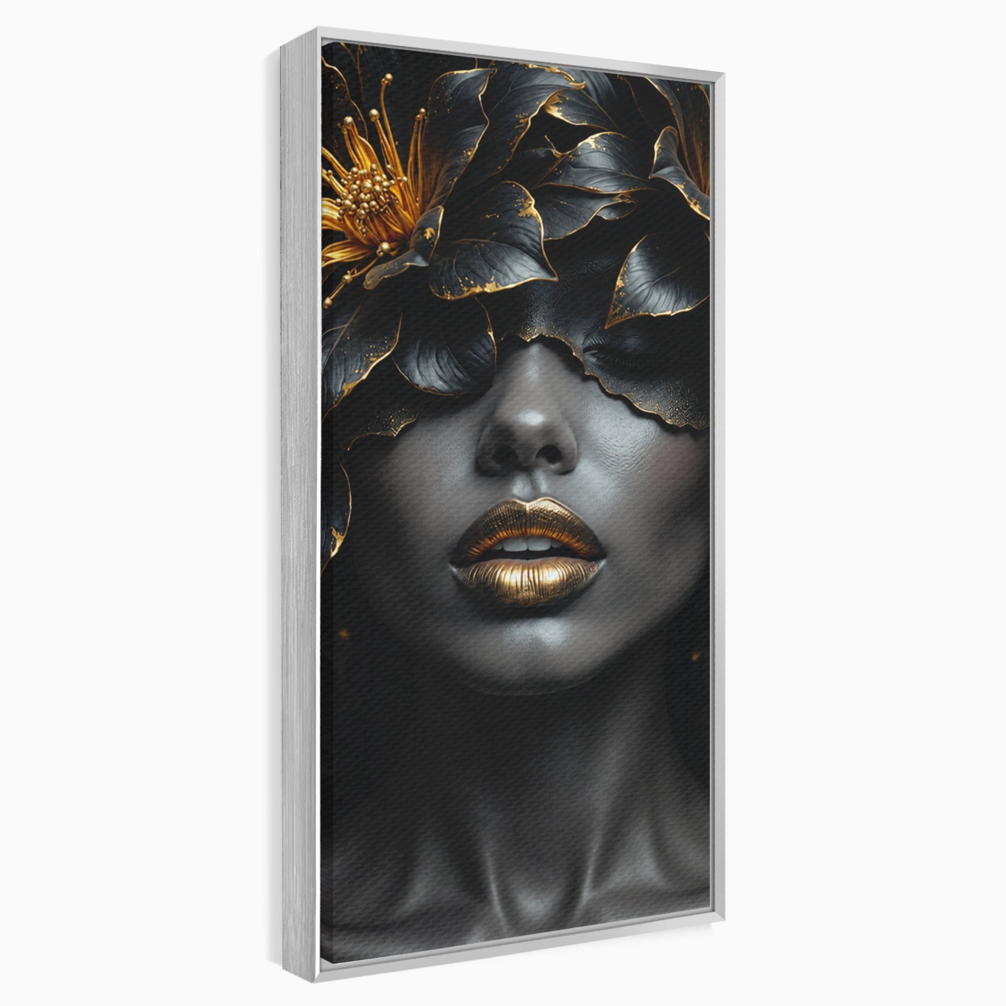 Tablou Canvas Premium LuxCanva® G1286, Misterul Florilor de Aur, Portret, Flori, Mister, Eleganta, Dormitor, Culori Vibrante