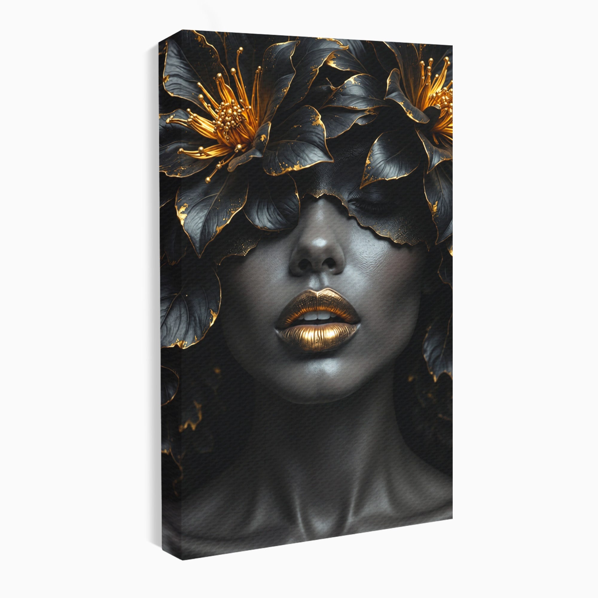 Tablou Canvas Premium LuxCanva® G1286, Misterul Florilor de Aur, Portret, Flori, Mister, Eleganta, Dormitor, Culori Vibrante