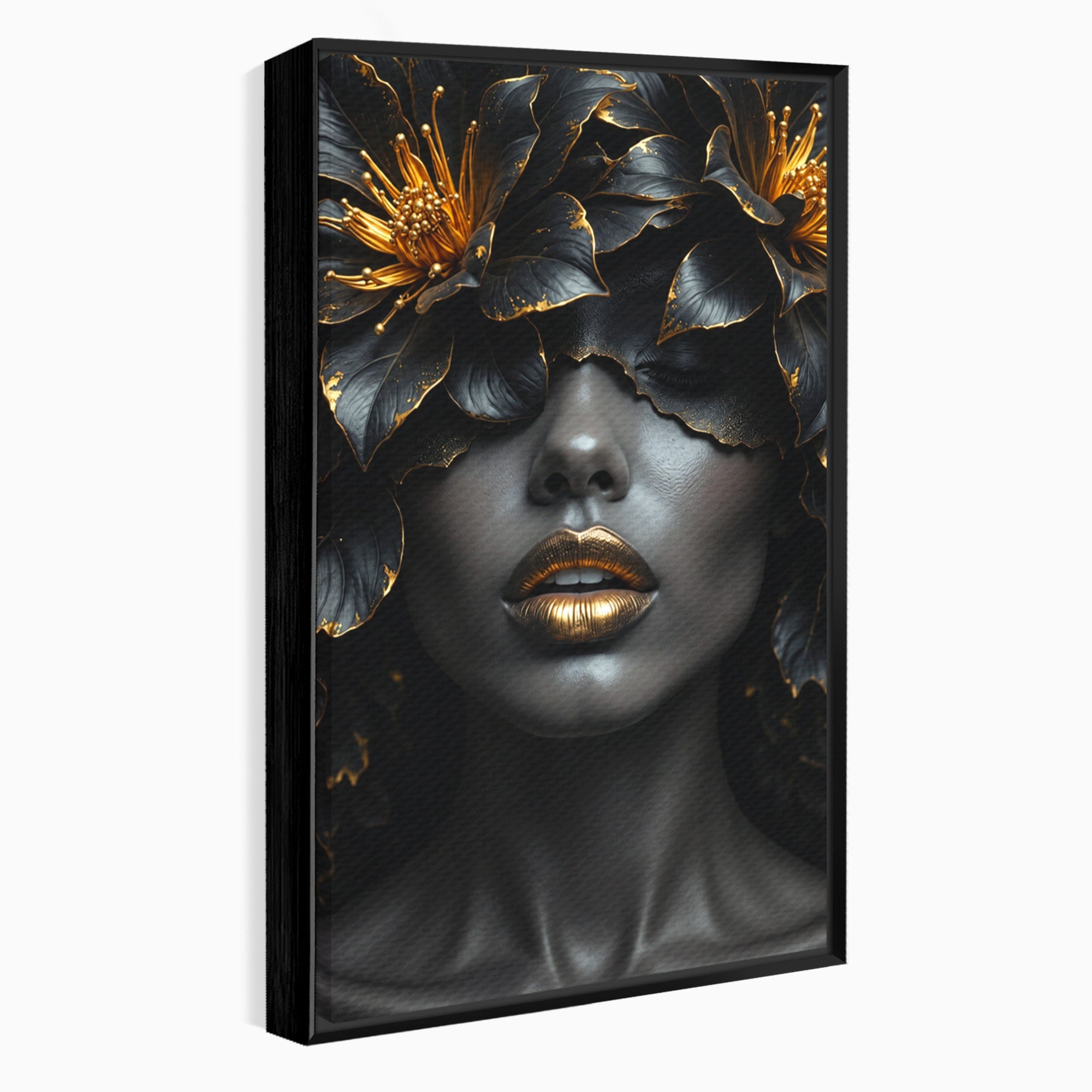 Tablou Canvas Premium LuxCanva® G1286, Misterul Florilor de Aur, Portret, Flori, Mister, Eleganta, Dormitor, Culori Vibrante