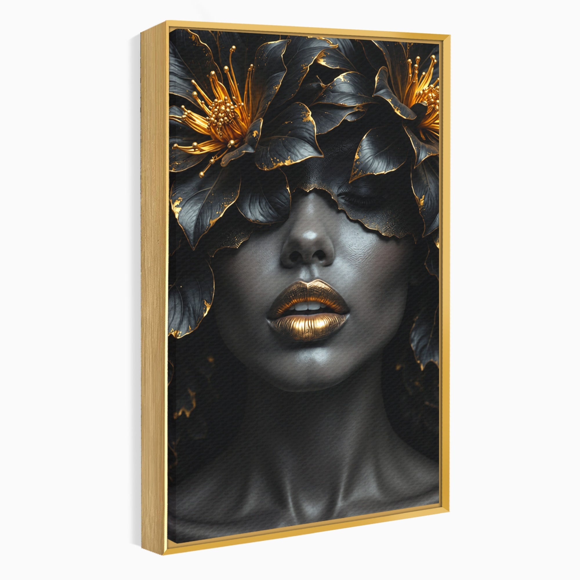 Tablou Canvas Premium LuxCanva® G1286, Misterul Florilor de Aur, Portret, Flori, Mister, Eleganta, Dormitor, Culori Vibrante