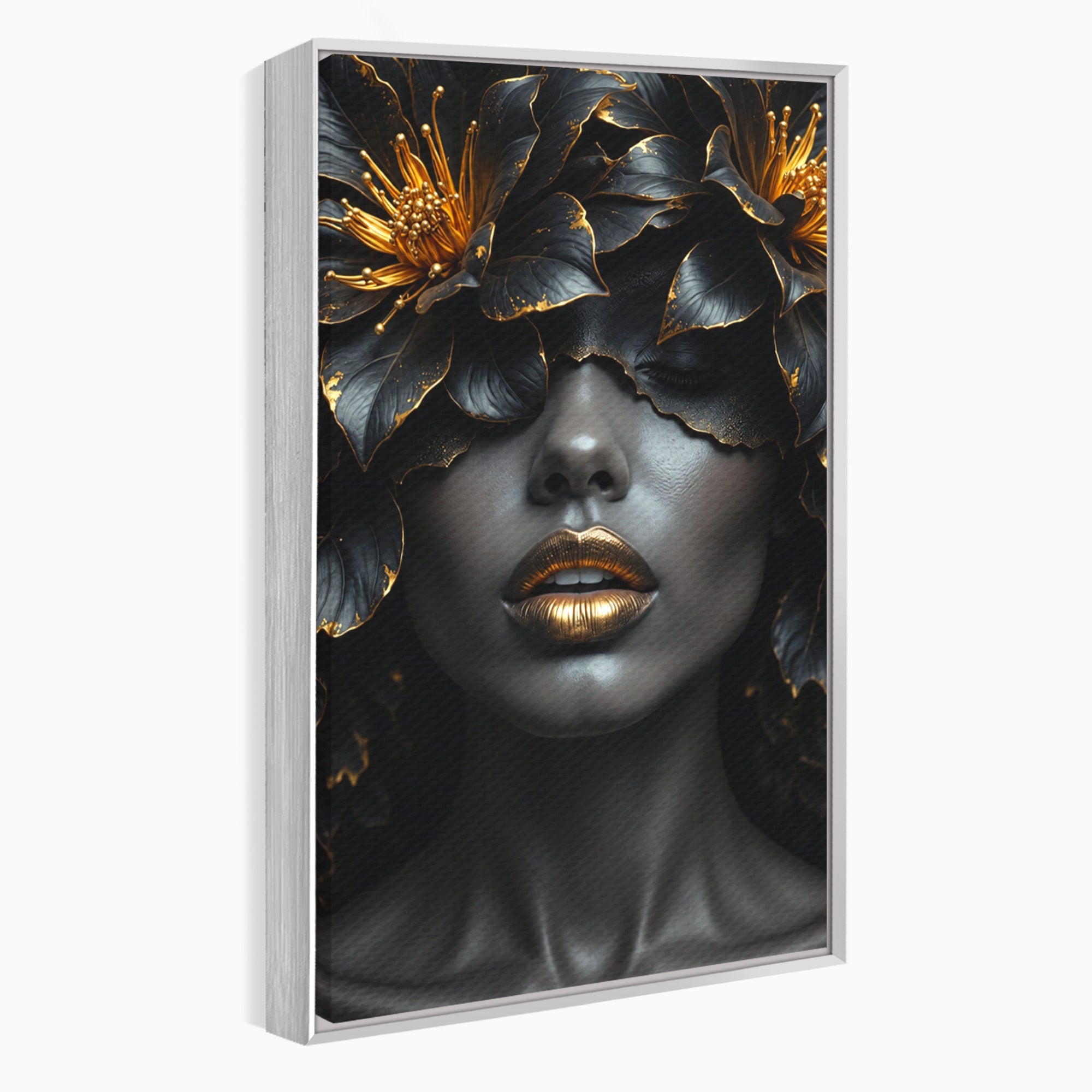 Tablou Canvas Premium LuxCanva® G1286, Misterul Florilor de Aur, Portret, Flori, Mister, Eleganta, Dormitor, Culori Vibrante