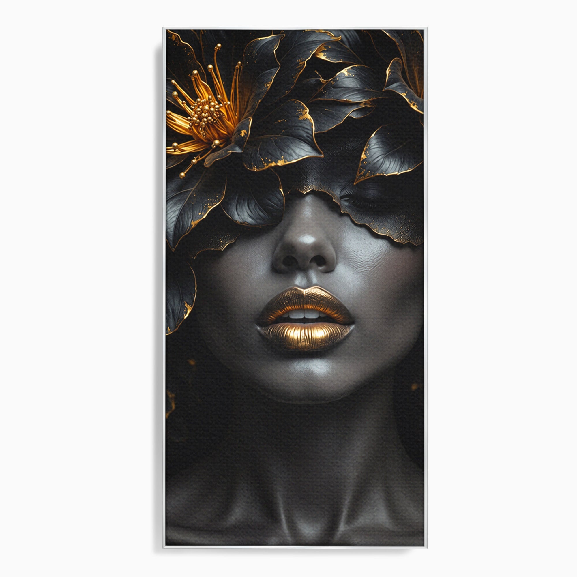 Tablou Canvas Premium LuxCanva® G1286, Misterul Florilor de Aur, Portret, Flori, Mister, Eleganta, Dormitor, Culori Vibrante