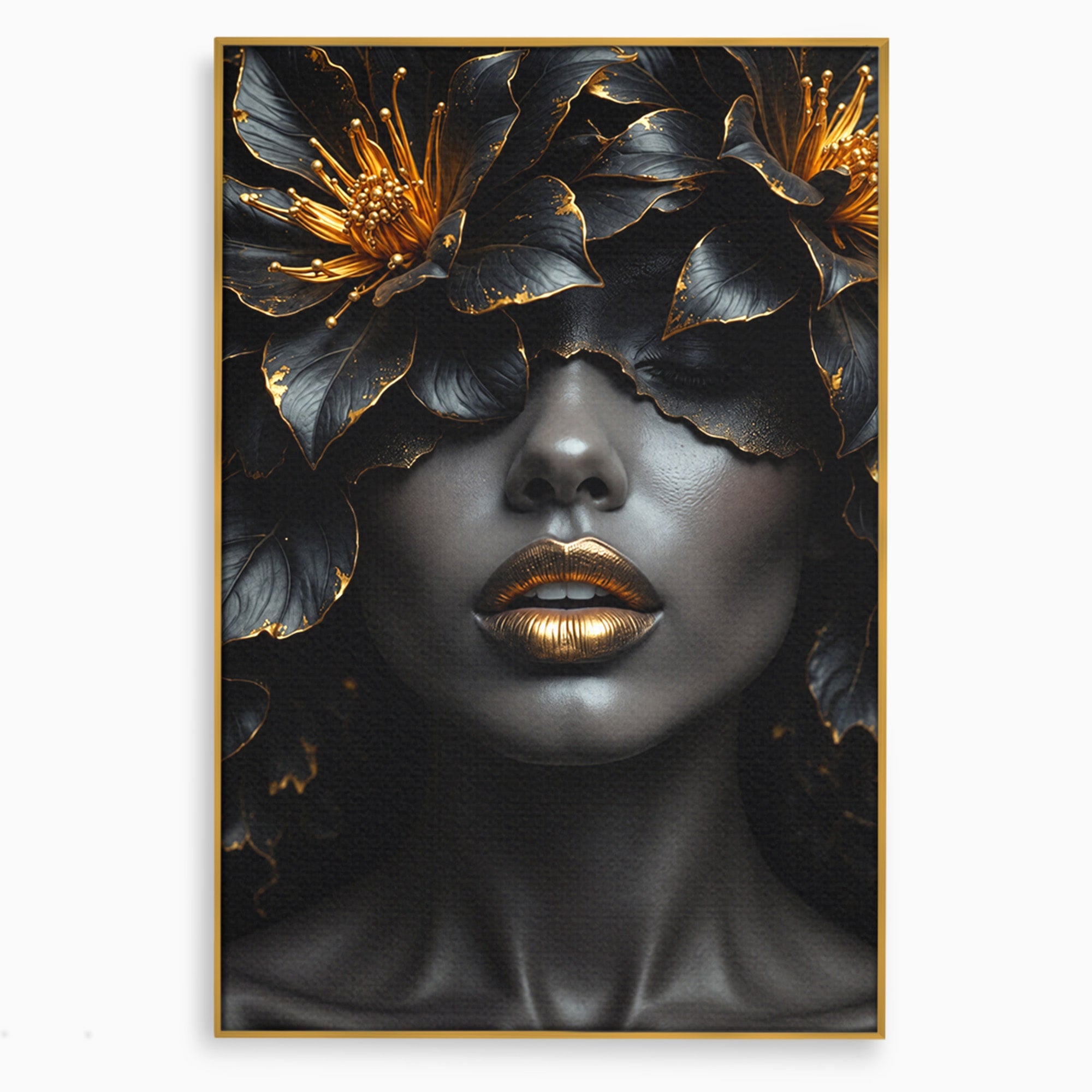 Tablou Canvas Premium LuxCanva® G1286, Misterul Florilor de Aur, Portret, Flori, Mister, Eleganta, Dormitor, Culori Vibrante