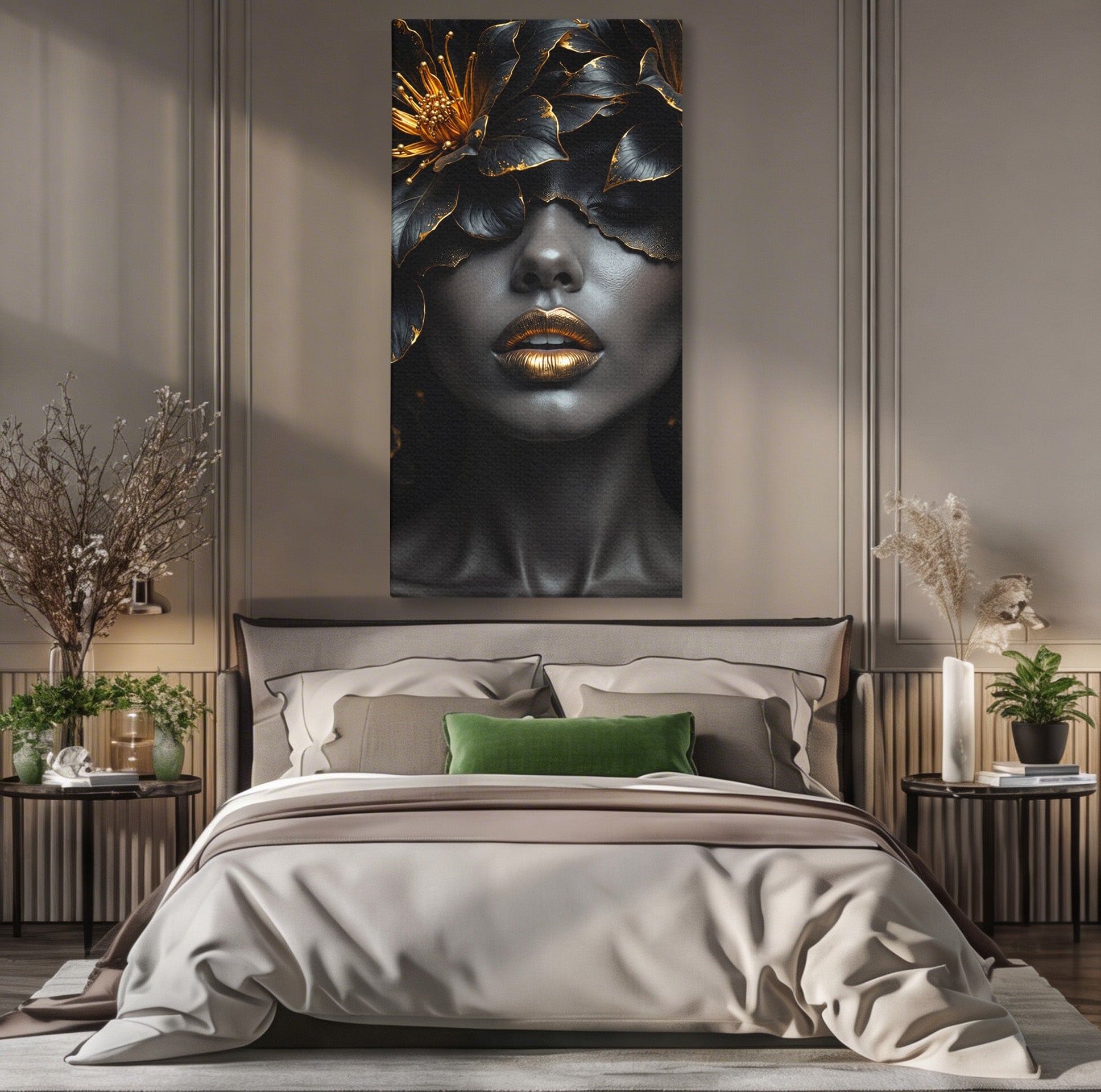 Tablou Canvas Premium LuxCanva® G1286, Misterul Florilor de Aur, Portret, Flori, Mister, Eleganta, Dormitor, Culori Vibrante