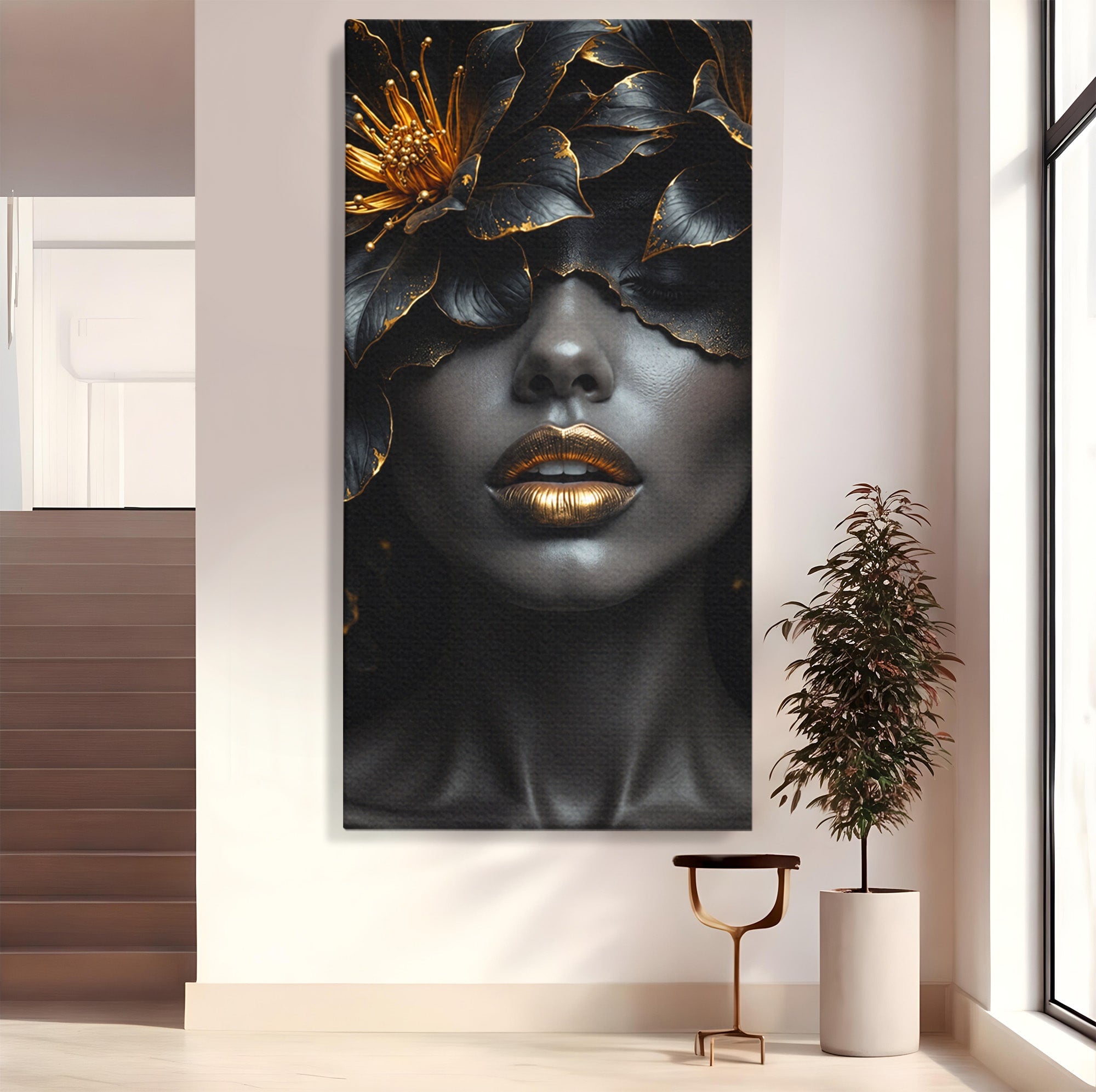 Tablou Canvas Premium LuxCanva® G1286, Misterul Florilor de Aur, Portret, Flori, Mister, Eleganta, Dormitor, Culori Vibrante