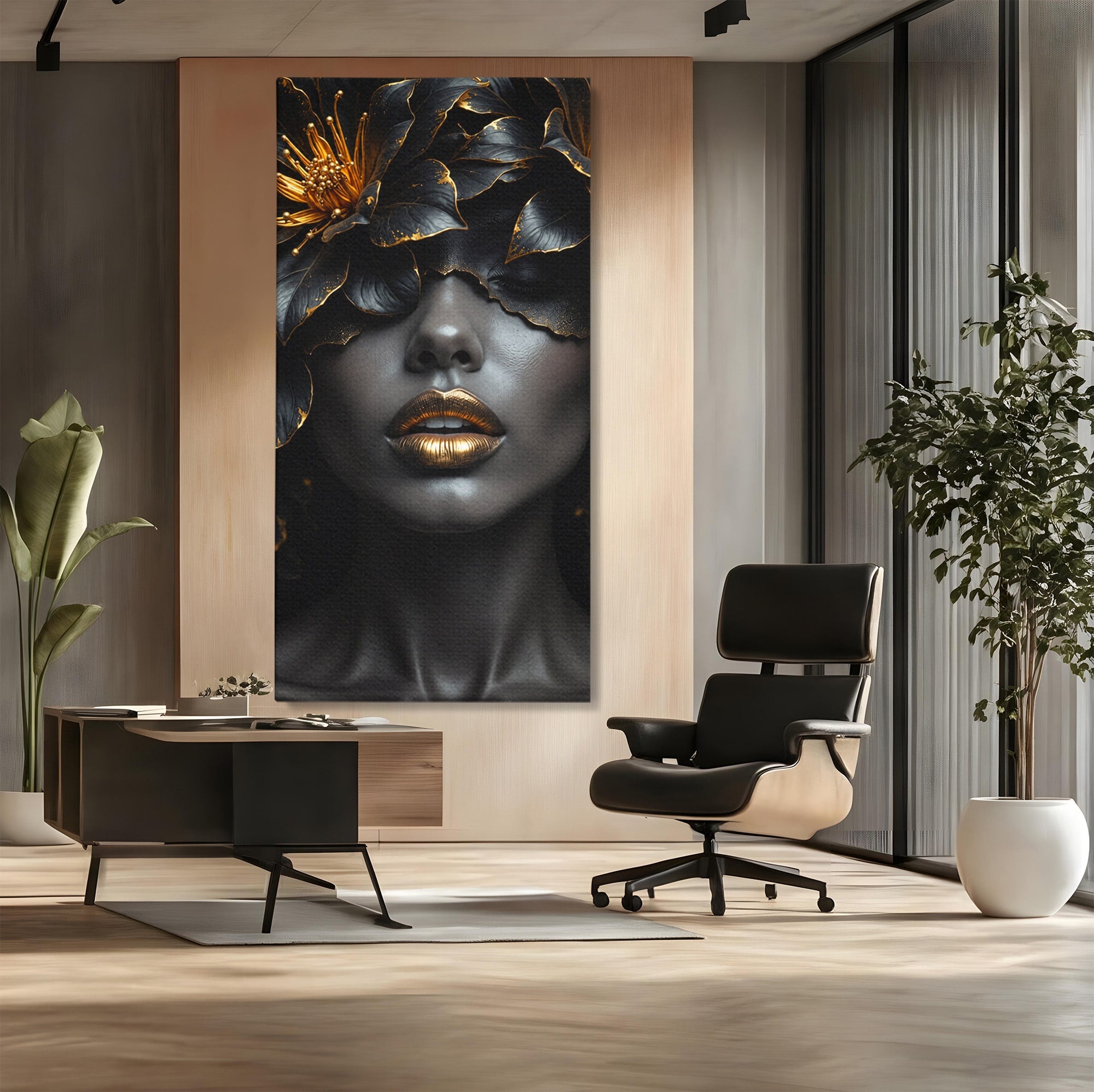 Tablou Canvas Premium LuxCanva® G1286, Misterul Florilor de Aur, Portret, Flori, Mister, Eleganta, Dormitor, Culori Vibrante