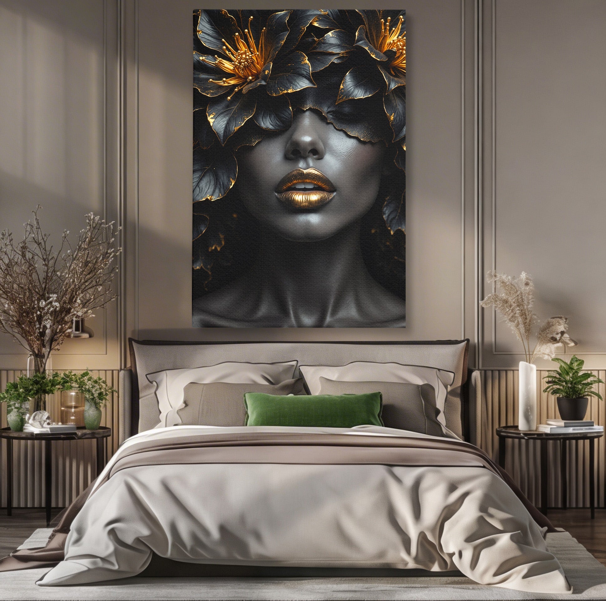 Tablou Canvas Premium LuxCanva® G1286, Misterul Florilor de Aur, Portret, Flori, Mister, Eleganta, Dormitor, Culori Vibrante