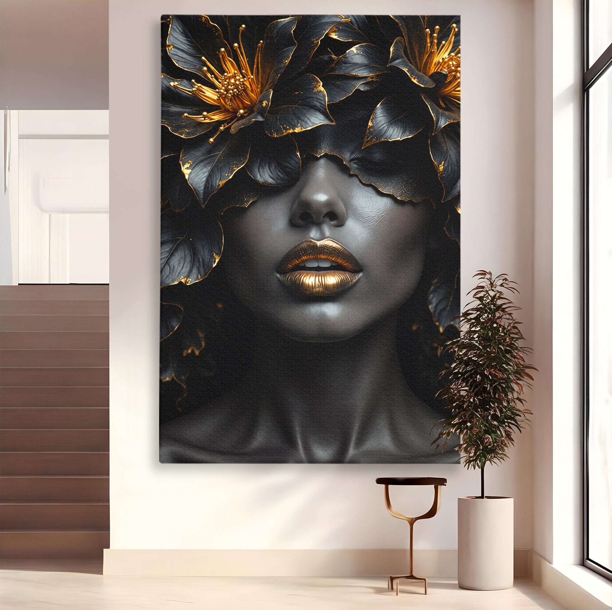 Tablou Canvas Premium LuxCanva® G1286, Misterul Florilor de Aur, Portret, Flori, Mister, Eleganta, Dormitor, Culori Vibrante