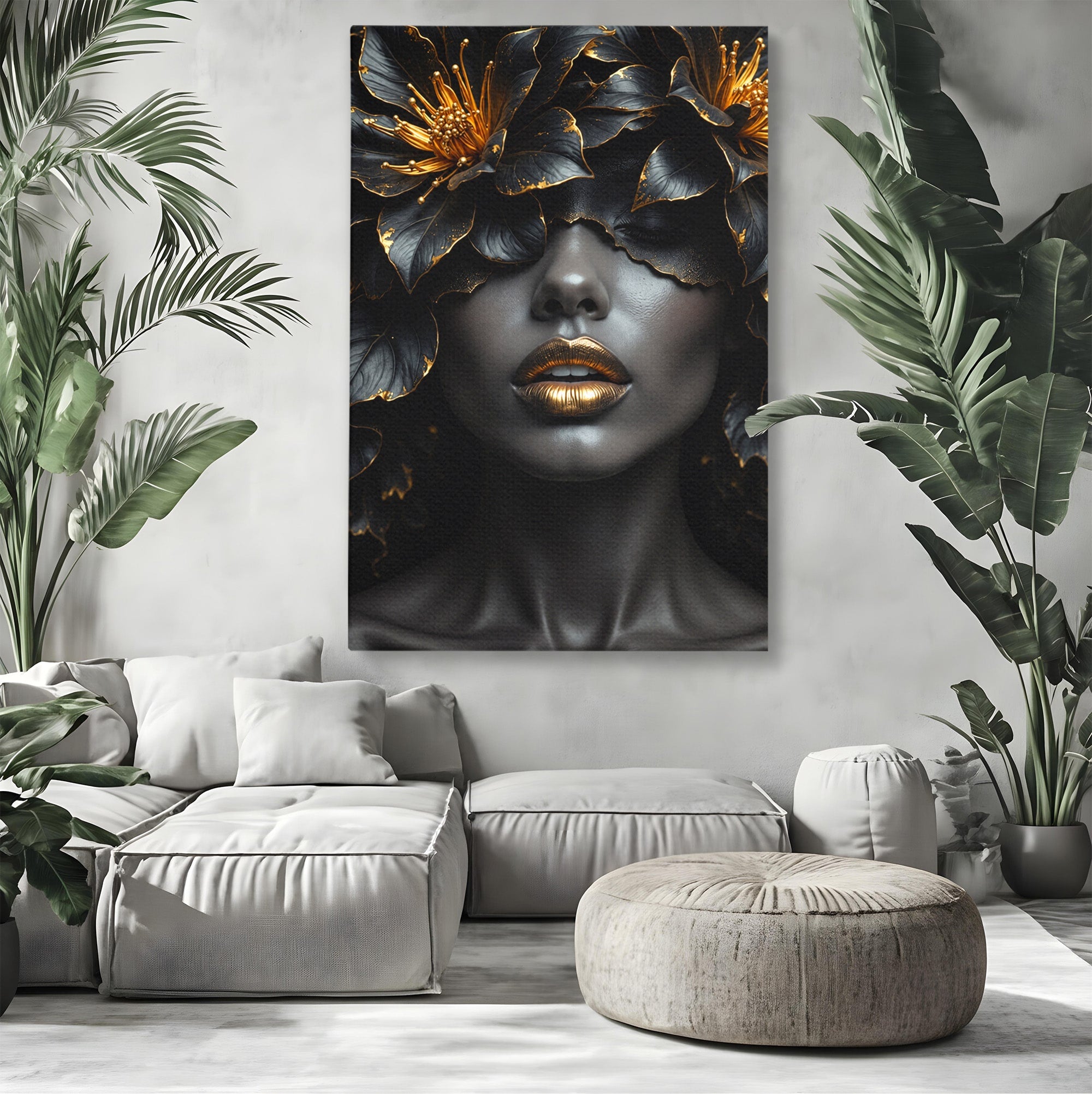 Tablou Canvas Premium LuxCanva® G1286, Misterul Florilor de Aur, Portret, Flori, Mister, Eleganta, Dormitor, Culori Vibrante