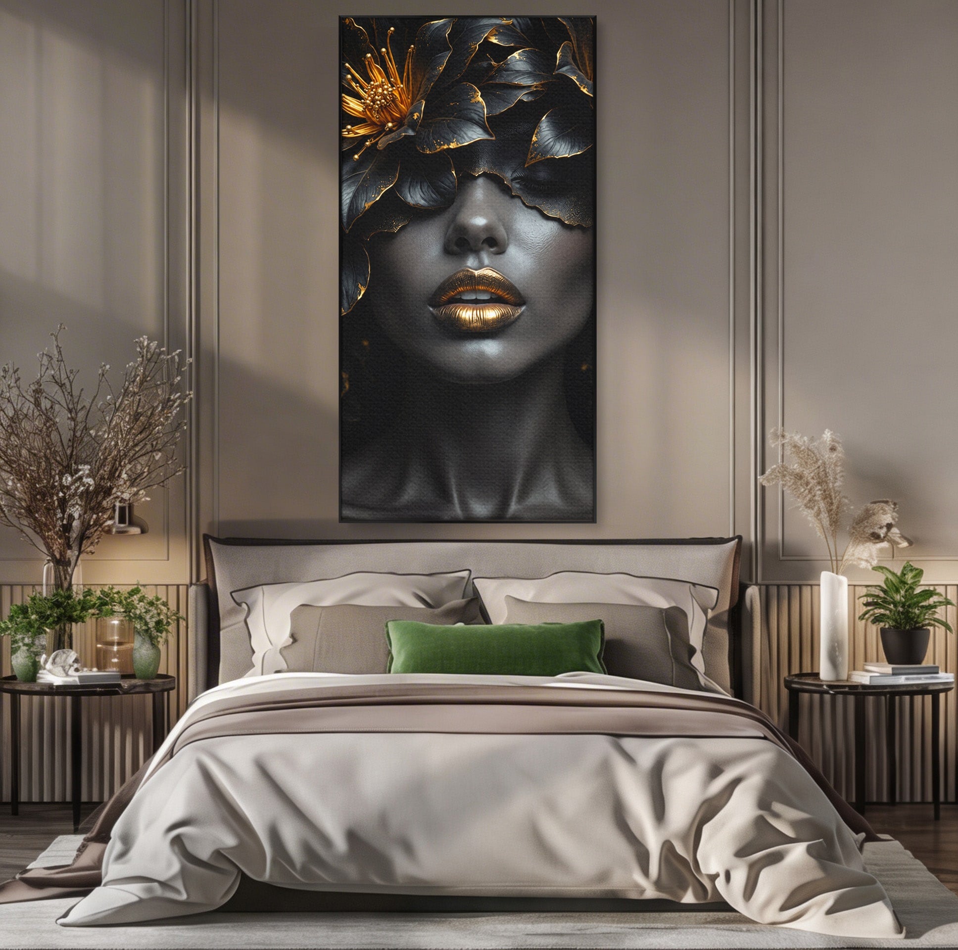 Tablou Canvas Premium LuxCanva® G1286, Misterul Florilor de Aur, Portret, Flori, Mister, Eleganta, Dormitor, Culori Vibrante