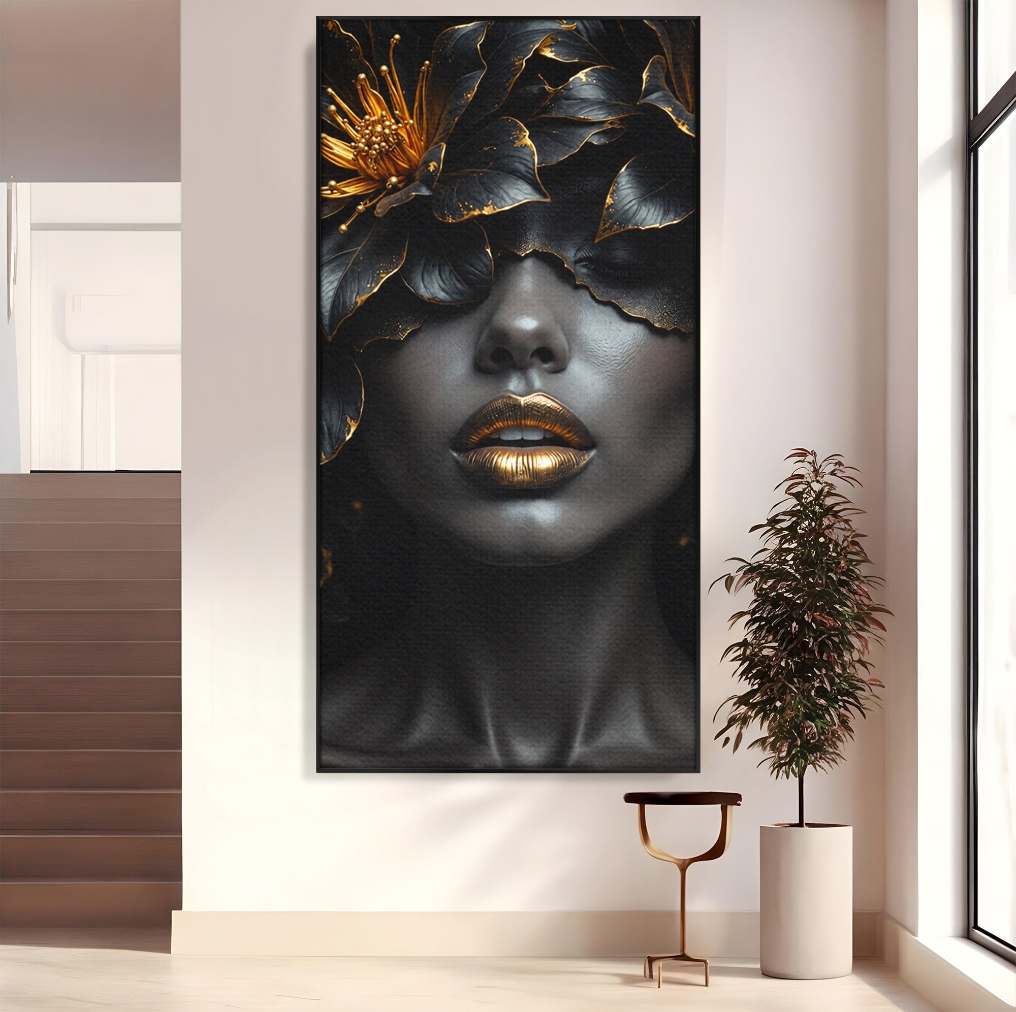 Tablou Canvas Premium LuxCanva® G1286, Misterul Florilor de Aur, Portret, Flori, Mister, Eleganta, Dormitor, Culori Vibrante
