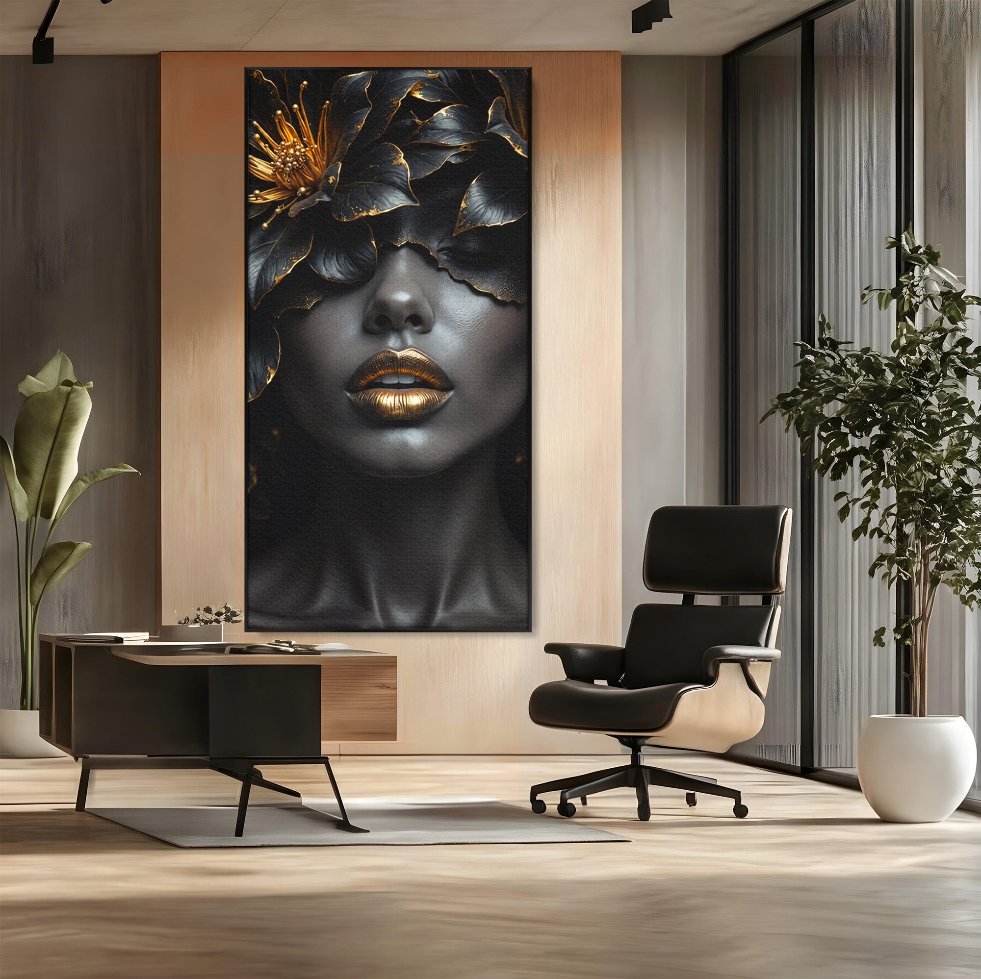 Tablou Canvas Premium LuxCanva® G1286, Misterul Florilor de Aur, Portret, Flori, Mister, Eleganta, Dormitor, Culori Vibrante
