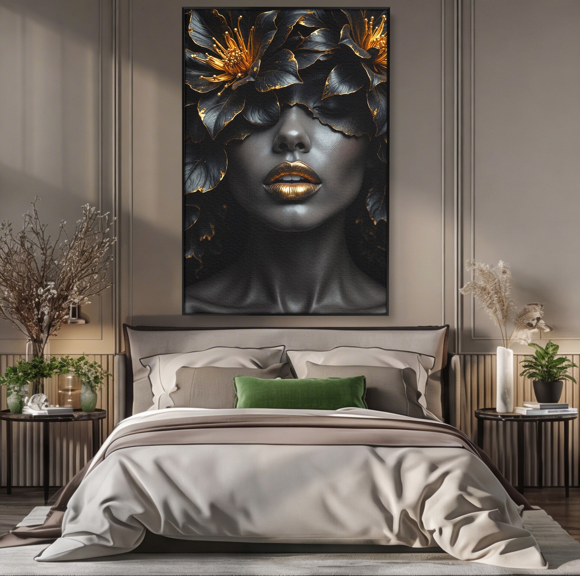 Tablou Canvas Premium LuxCanva® G1286, Misterul Florilor de Aur, Portret, Flori, Mister, Eleganta, Dormitor, Culori Vibrante