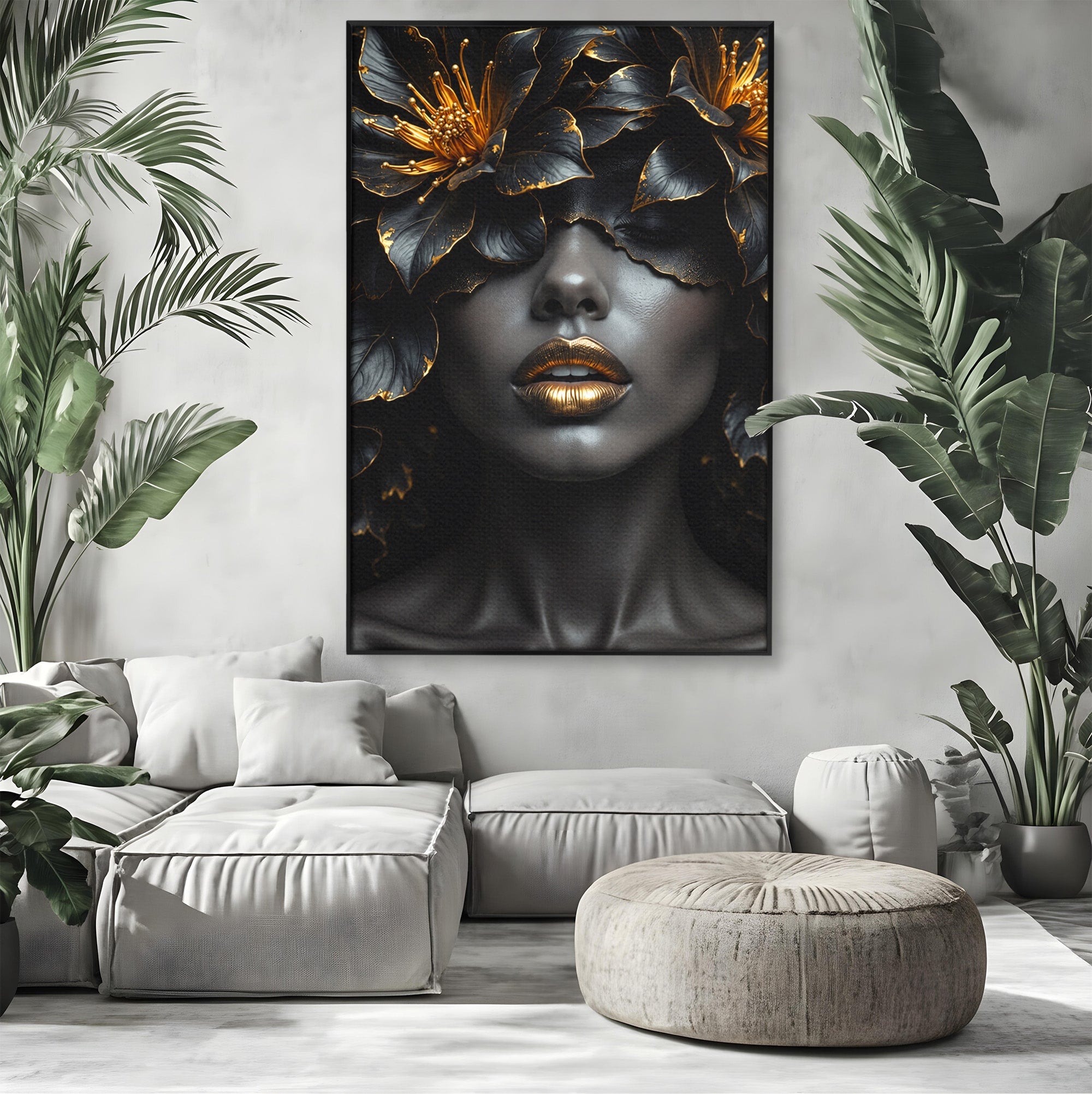 Tablou Canvas Premium LuxCanva® G1286, Misterul Florilor de Aur, Portret, Flori, Mister, Eleganta, Dormitor, Culori Vibrante