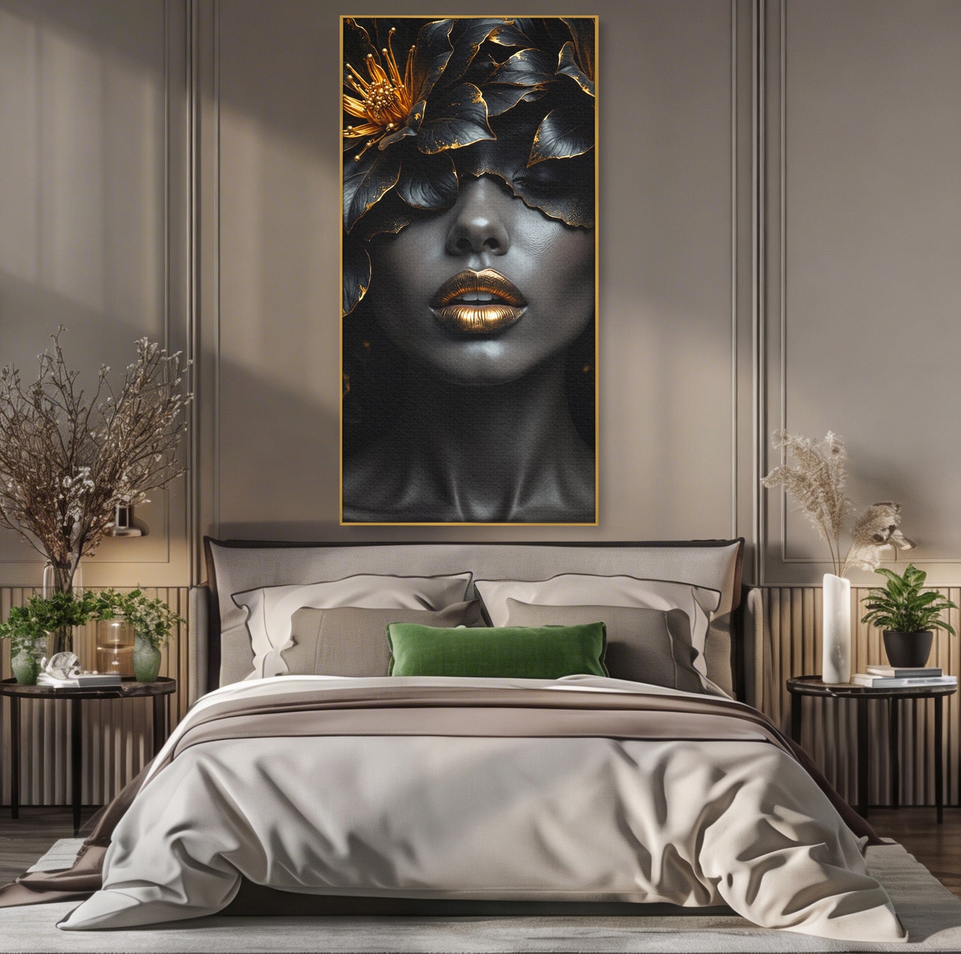 Tablou Canvas Premium LuxCanva® G1286, Misterul Florilor de Aur, Portret, Flori, Mister, Eleganta, Dormitor, Culori Vibrante