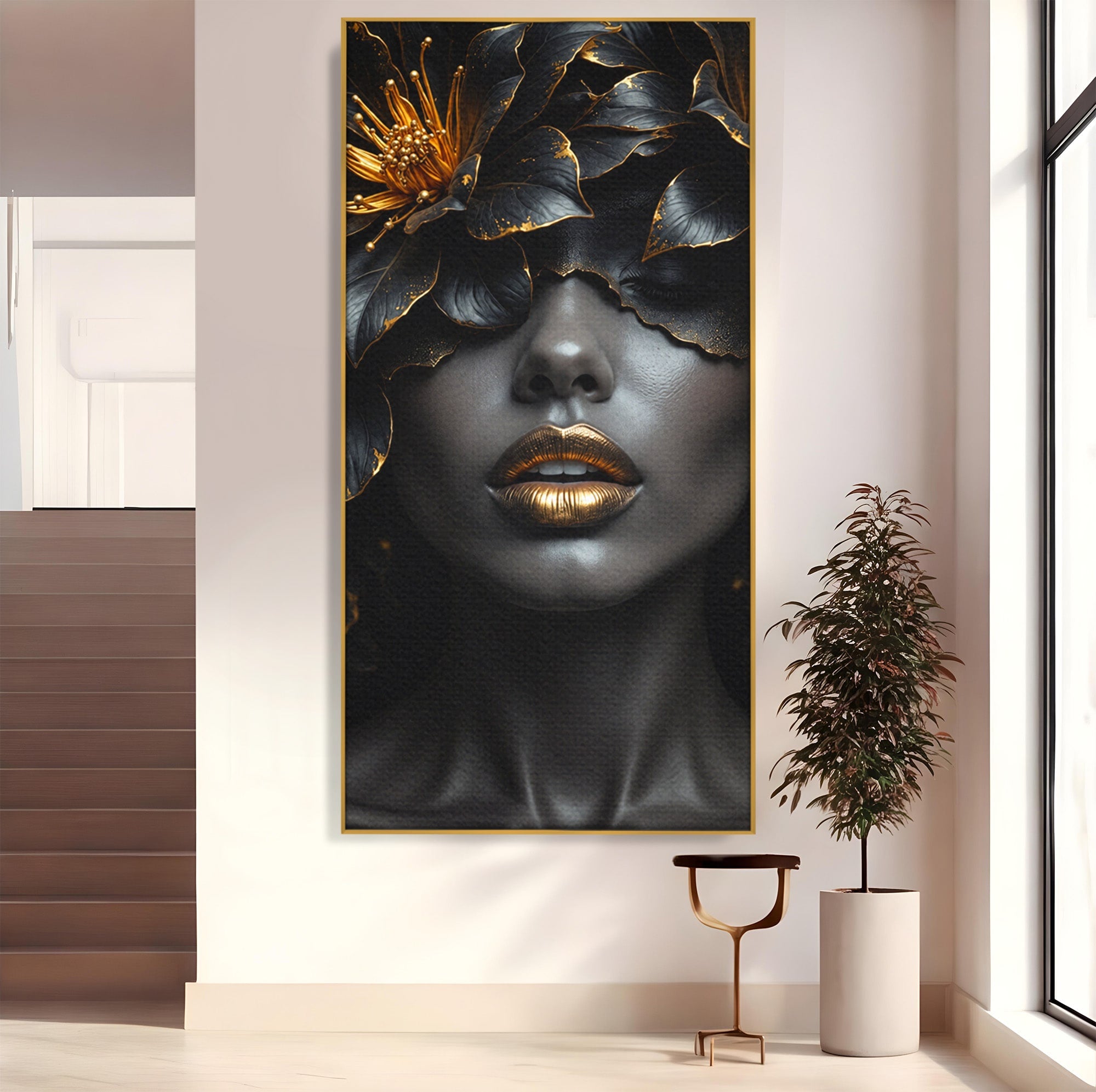 Tablou Canvas Premium LuxCanva® G1286, Misterul Florilor de Aur, Portret, Flori, Mister, Eleganta, Dormitor, Culori Vibrante