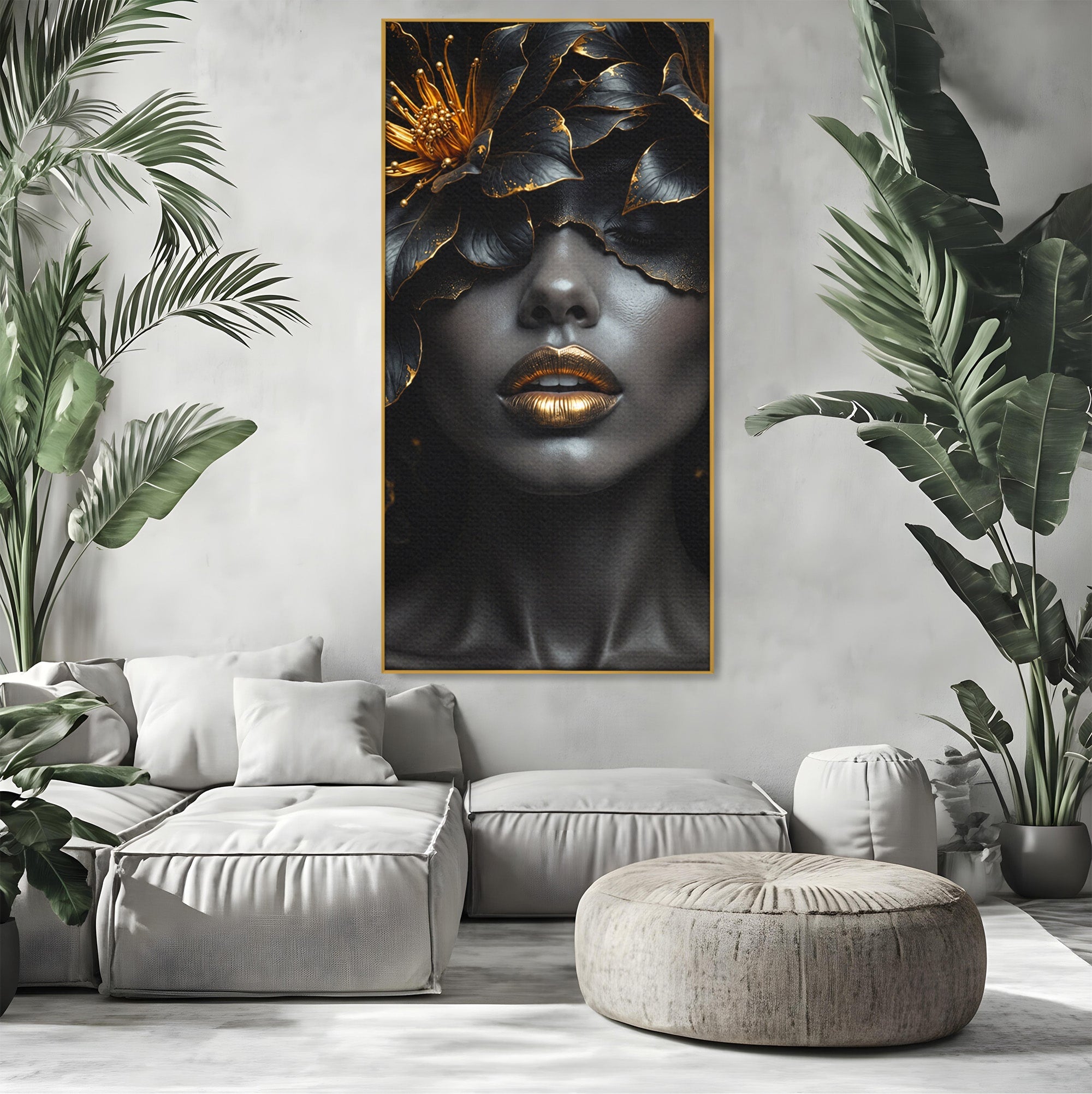 Tablou Canvas Premium LuxCanva® G1286, Misterul Florilor de Aur, Portret, Flori, Mister, Eleganta, Dormitor, Culori Vibrante