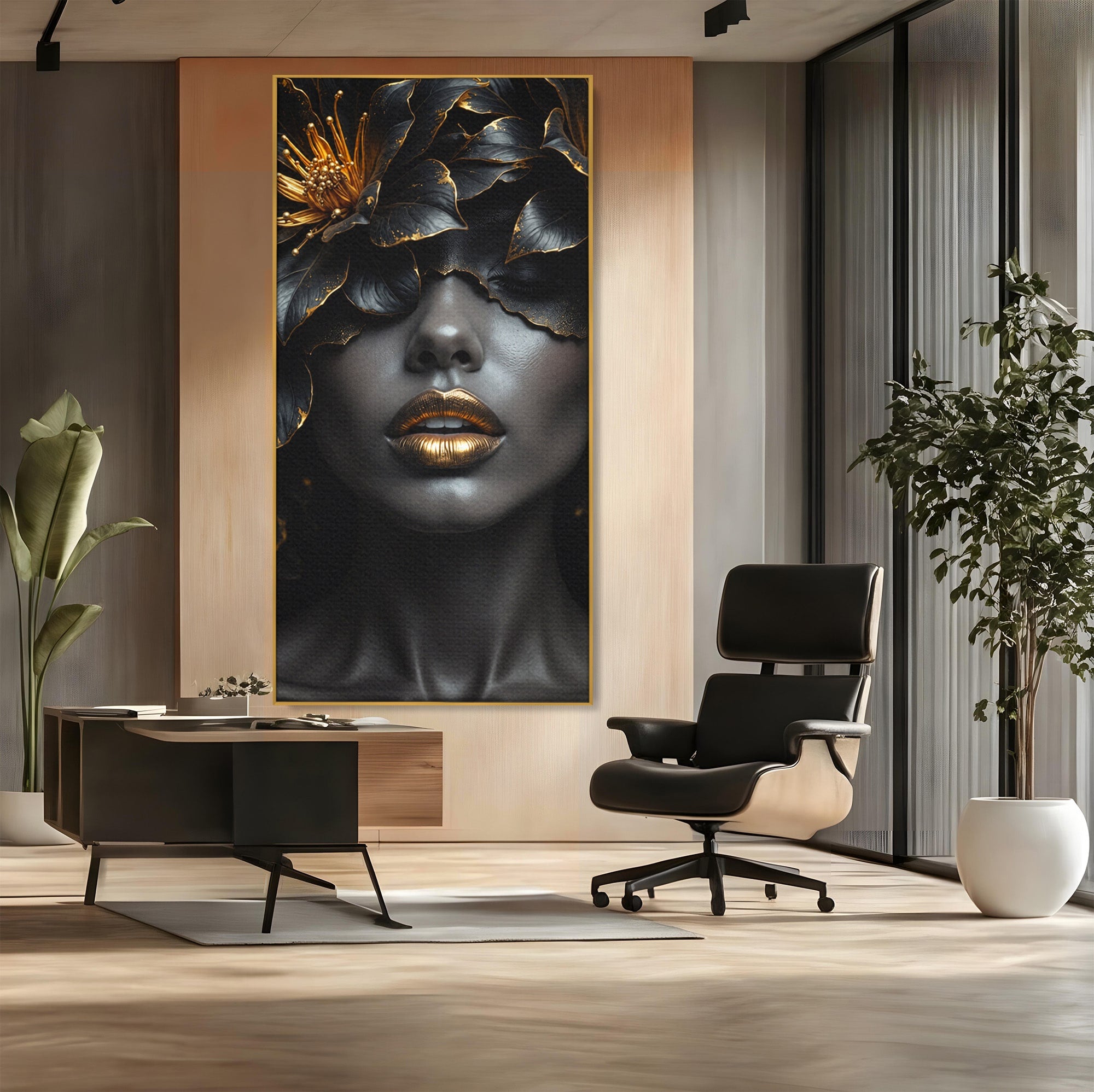 Tablou Canvas Premium LuxCanva® G1286, Misterul Florilor de Aur, Portret, Flori, Mister, Eleganta, Dormitor, Culori Vibrante