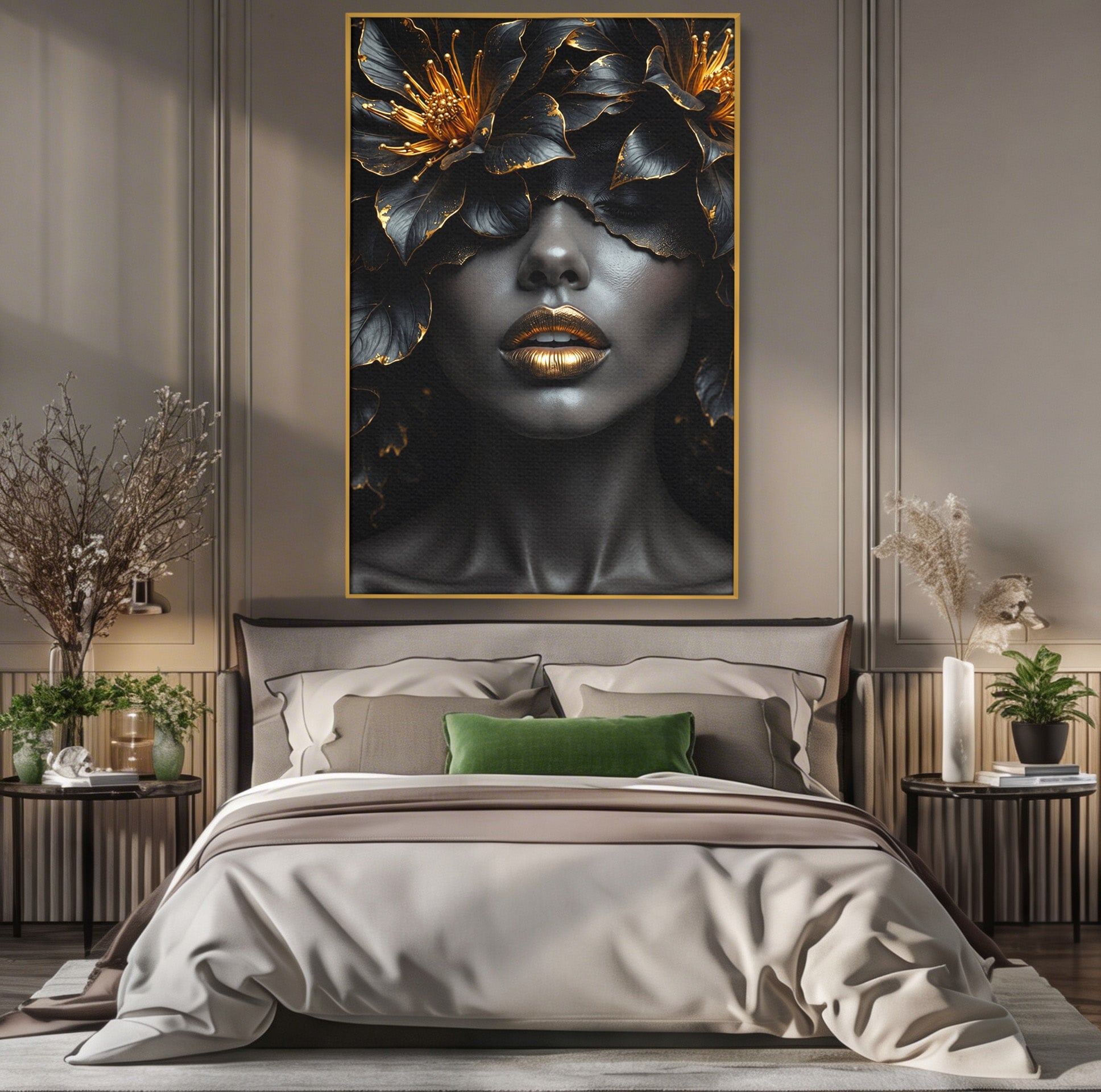 Tablou Canvas Premium LuxCanva® G1286, Misterul Florilor de Aur, Portret, Flori, Mister, Eleganta, Dormitor, Culori Vibrante