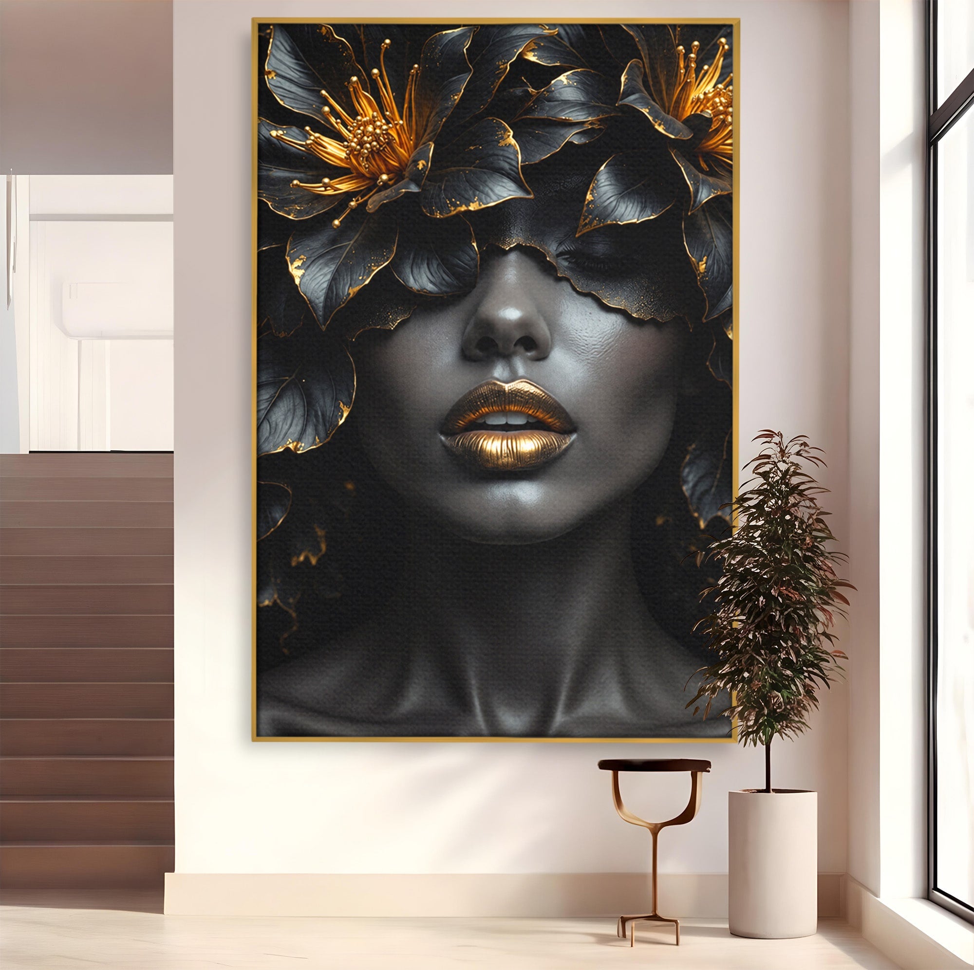 Tablou Canvas Premium LuxCanva® G1286, Misterul Florilor de Aur, Portret, Flori, Mister, Eleganta, Dormitor, Culori Vibrante