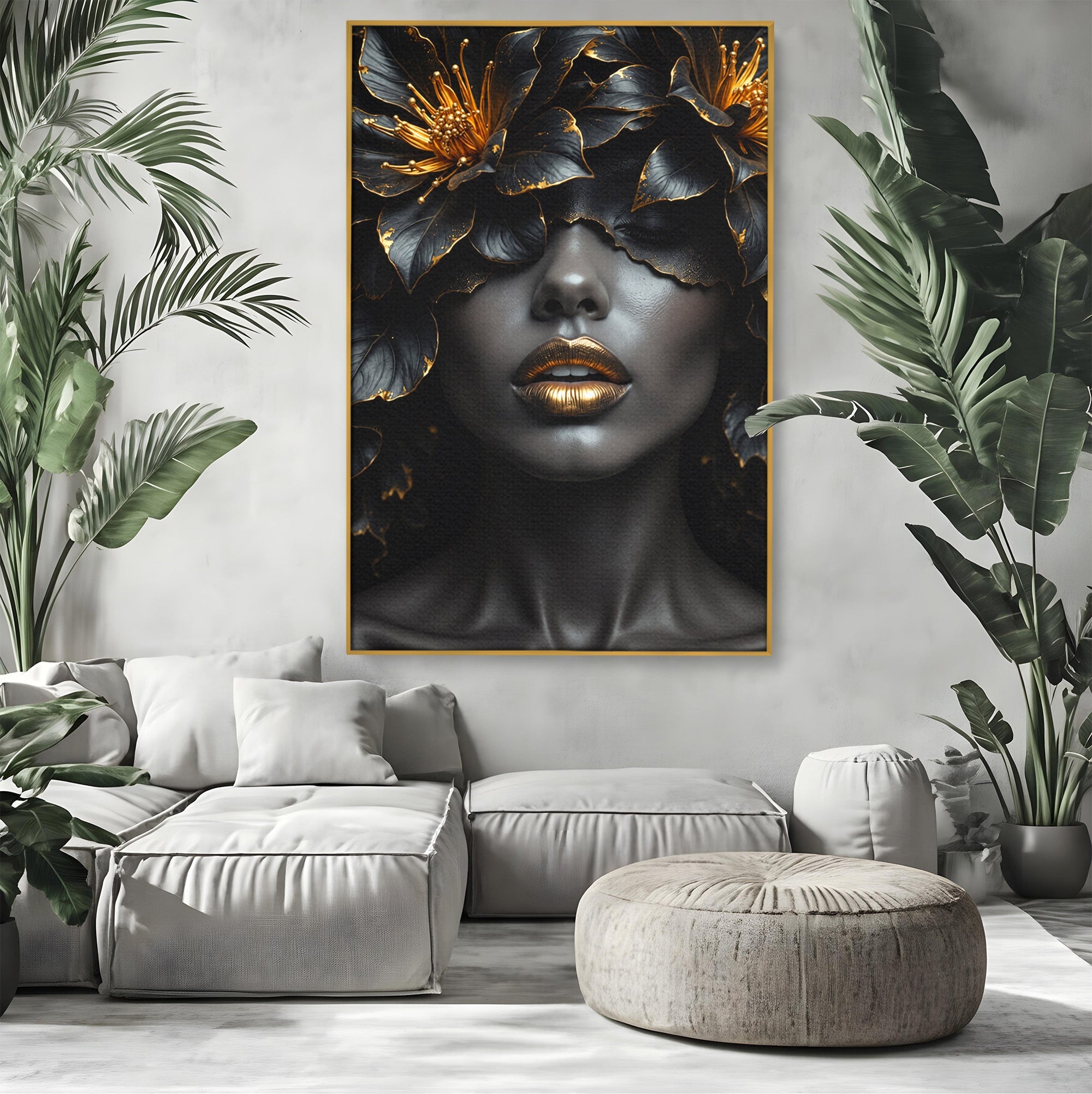 Tablou Canvas Premium LuxCanva® G1286, Misterul Florilor de Aur, Portret, Flori, Mister, Eleganta, Dormitor, Culori Vibrante