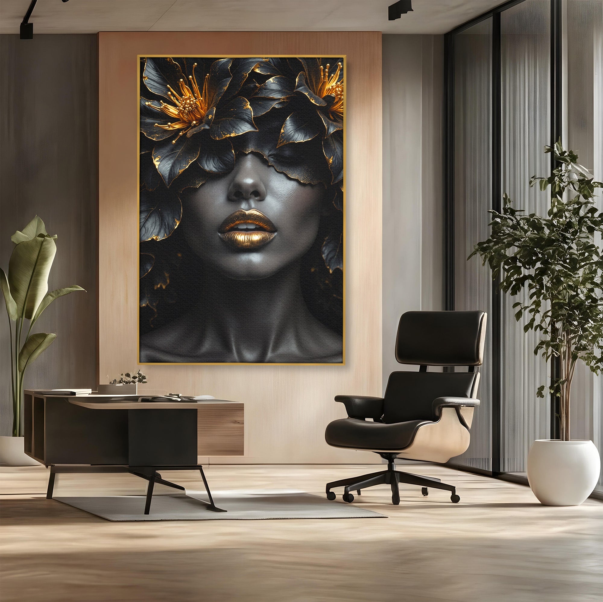 Tablou Canvas Premium LuxCanva® G1286, Misterul Florilor de Aur, Portret, Flori, Mister, Eleganta, Dormitor, Culori Vibrante