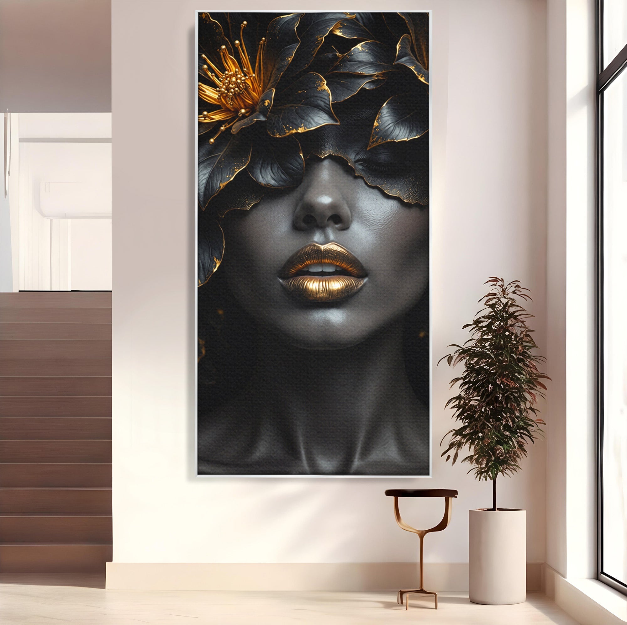 Tablou Canvas Premium LuxCanva® G1286, Misterul Florilor de Aur, Portret, Flori, Mister, Eleganta, Dormitor, Culori Vibrante