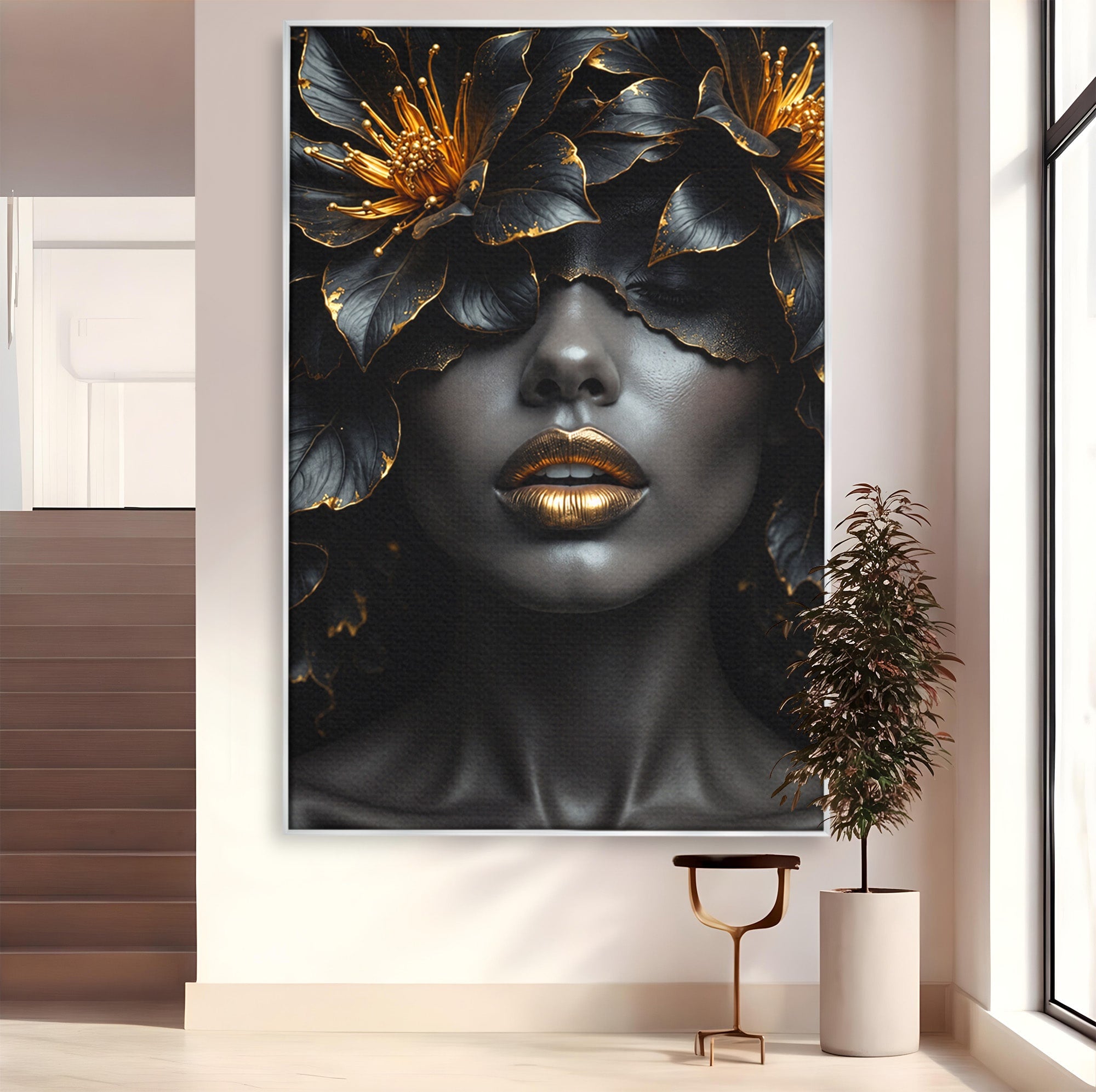 Tablou Canvas Premium LuxCanva® G1286, Misterul Florilor de Aur, Portret, Flori, Mister, Eleganta, Dormitor, Culori Vibrante