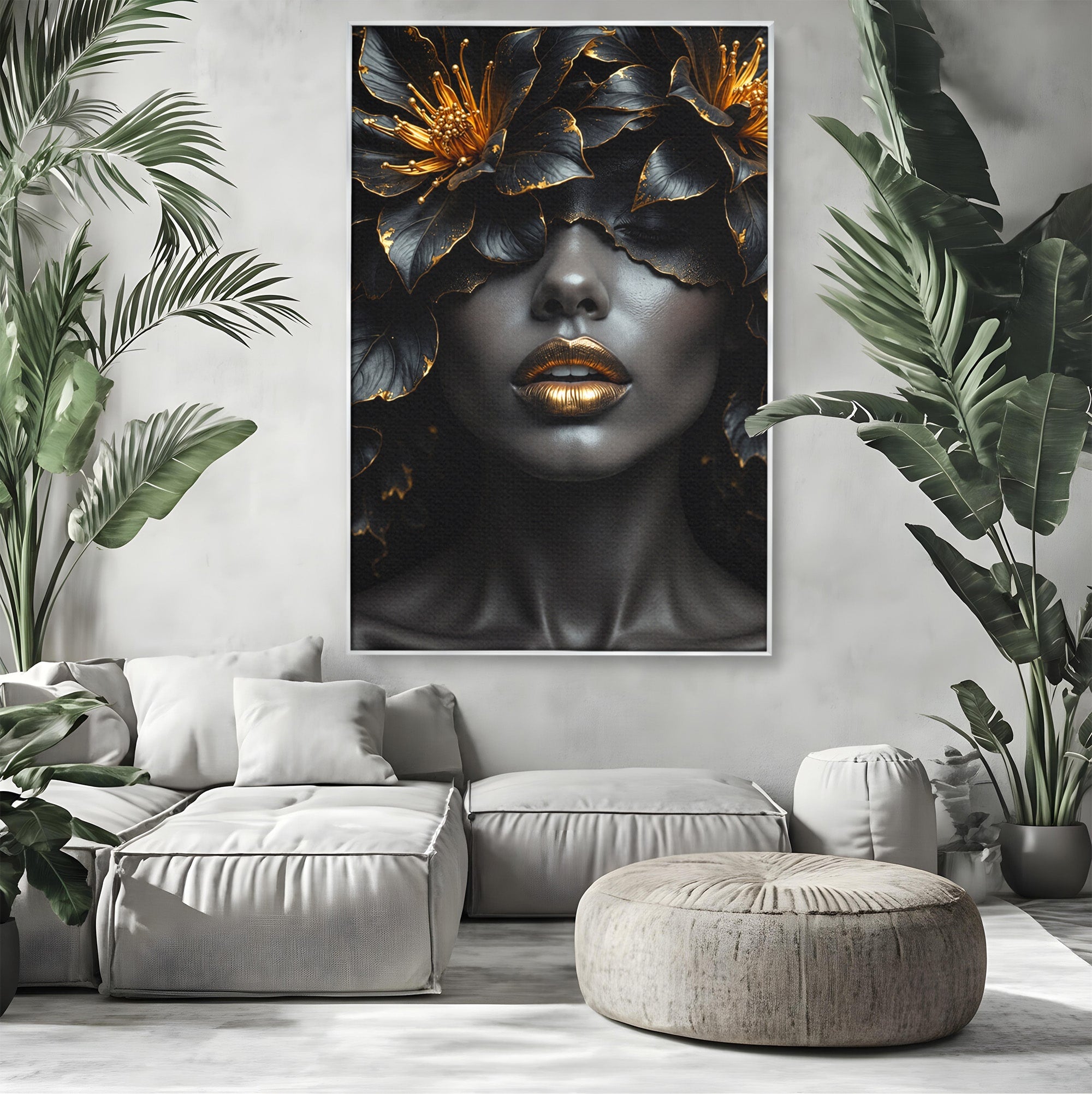 Tablou Canvas Premium LuxCanva® G1286, Misterul Florilor de Aur, Portret, Flori, Mister, Eleganta, Dormitor, Culori Vibrante