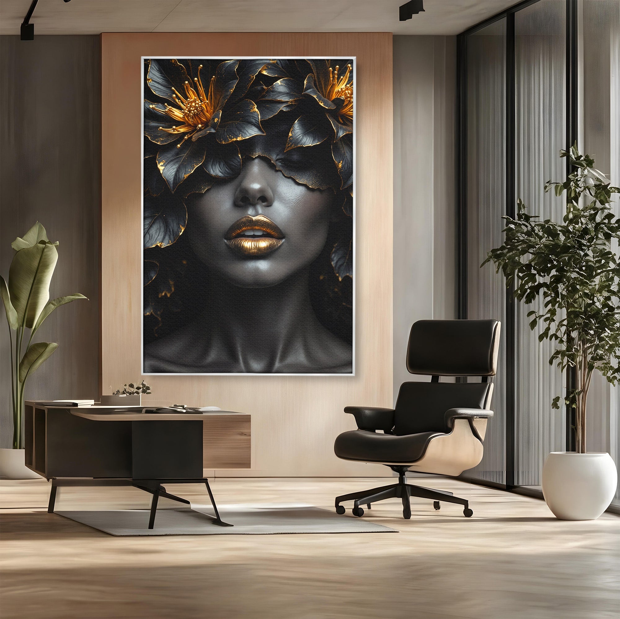 Tablou Canvas Premium LuxCanva® G1286, Misterul Florilor de Aur, Portret, Flori, Mister, Eleganta, Dormitor, Culori Vibrante