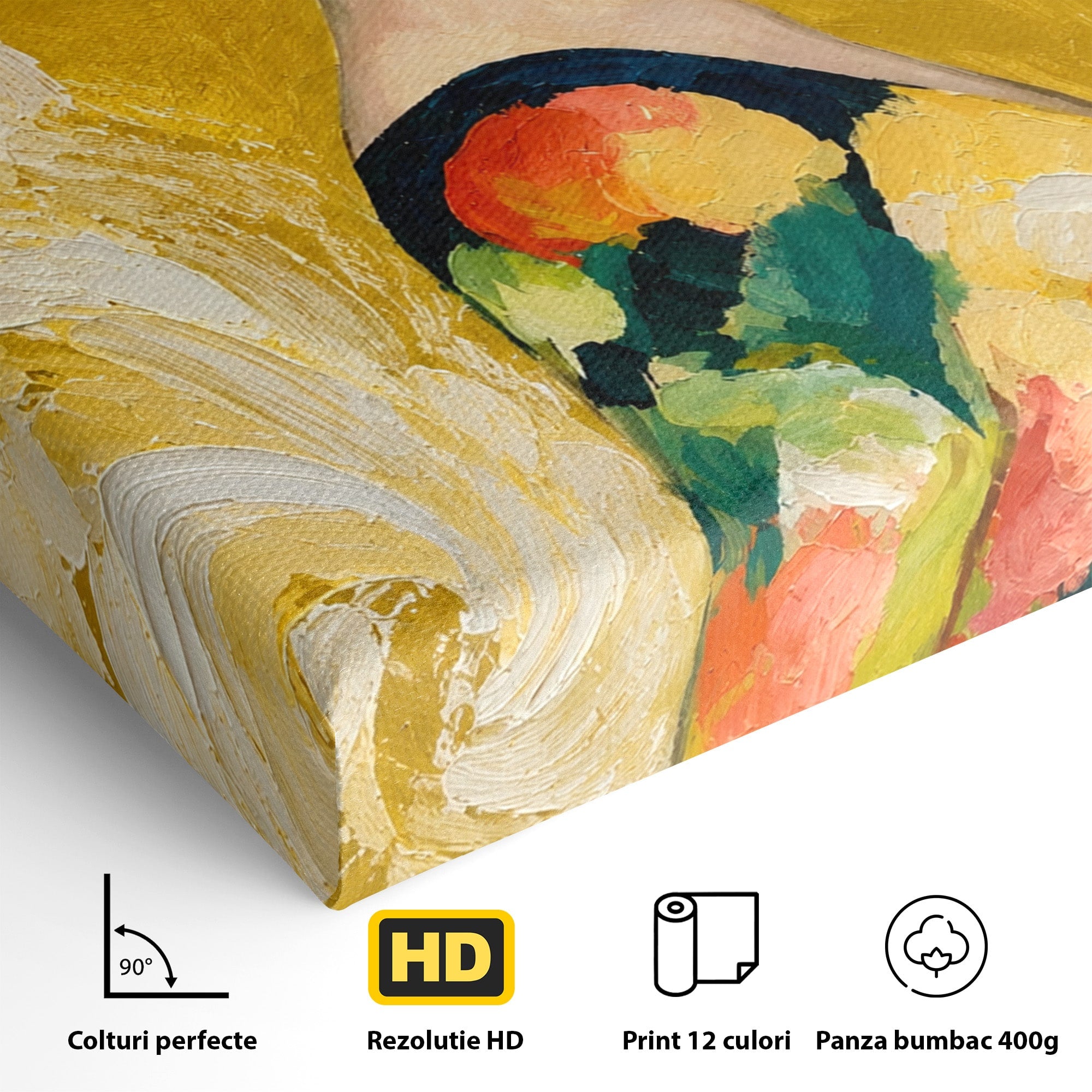 Tablou Canvas Premium LuxCanva® G1290, Femeie Cu Palarie De Flori, Femeie, Palarie, Floral, Portret, Eleganta, Living, Culori Vibrante