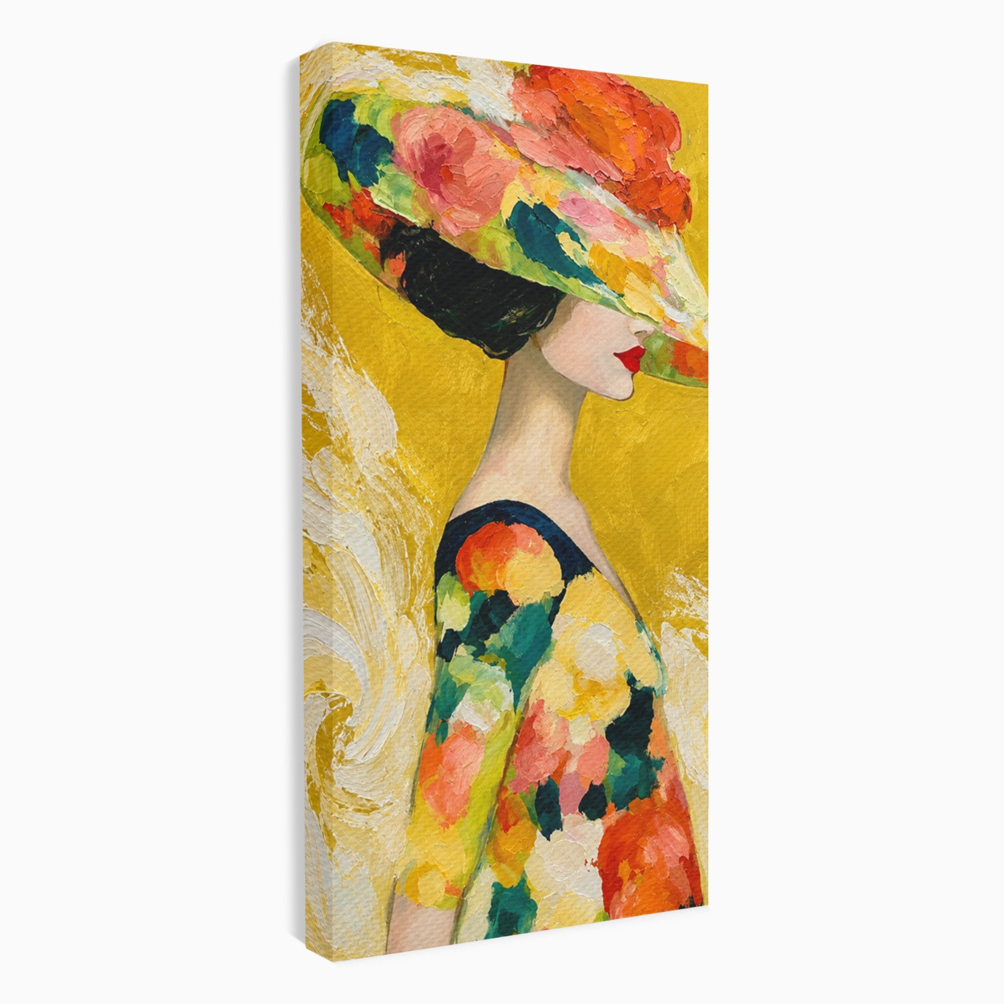 Tablou Canvas Premium LuxCanva® G1290, Femeie Cu Palarie De Flori, Femeie, Palarie, Floral, Portret, Eleganta, Living, Culori Vibrante