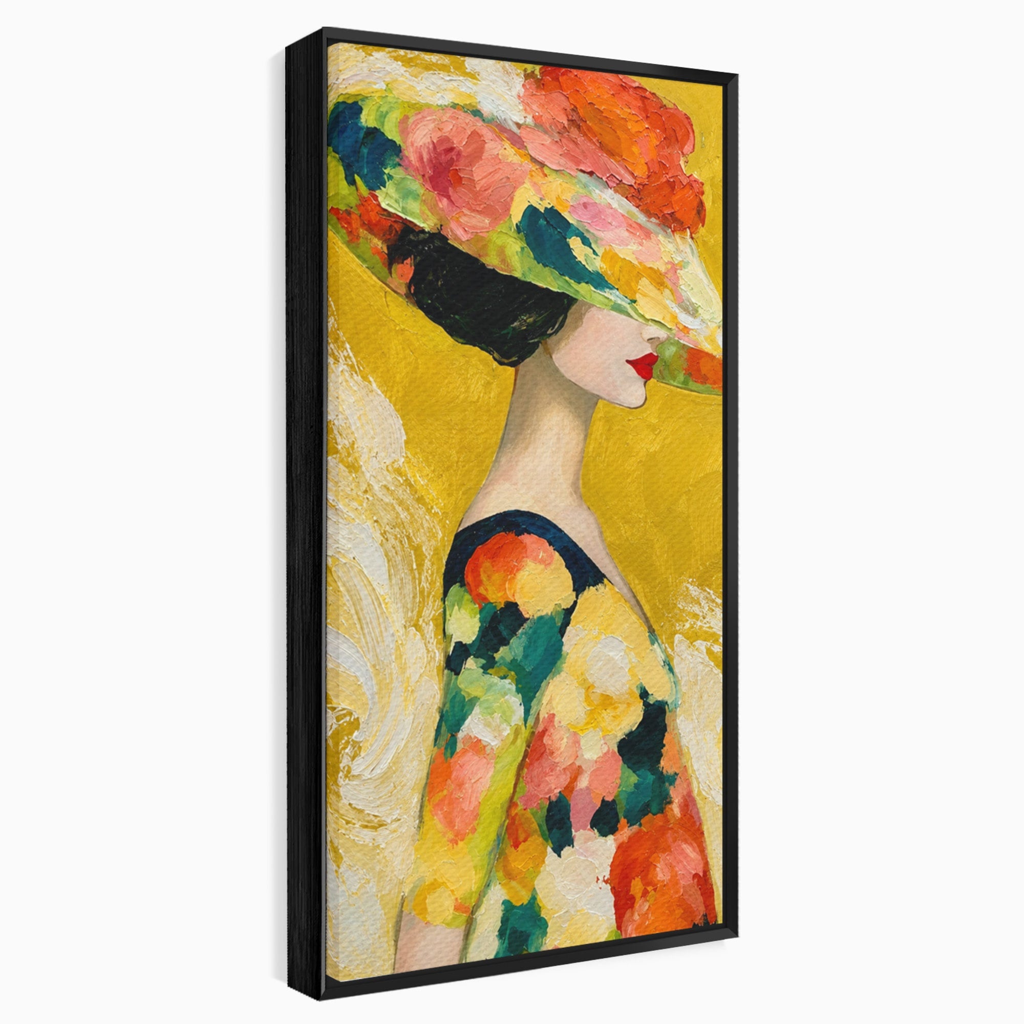 Tablou Canvas Premium LuxCanva® G1290, Femeie Cu Palarie De Flori, Femeie, Palarie, Floral, Portret, Eleganta, Living, Culori Vibrante