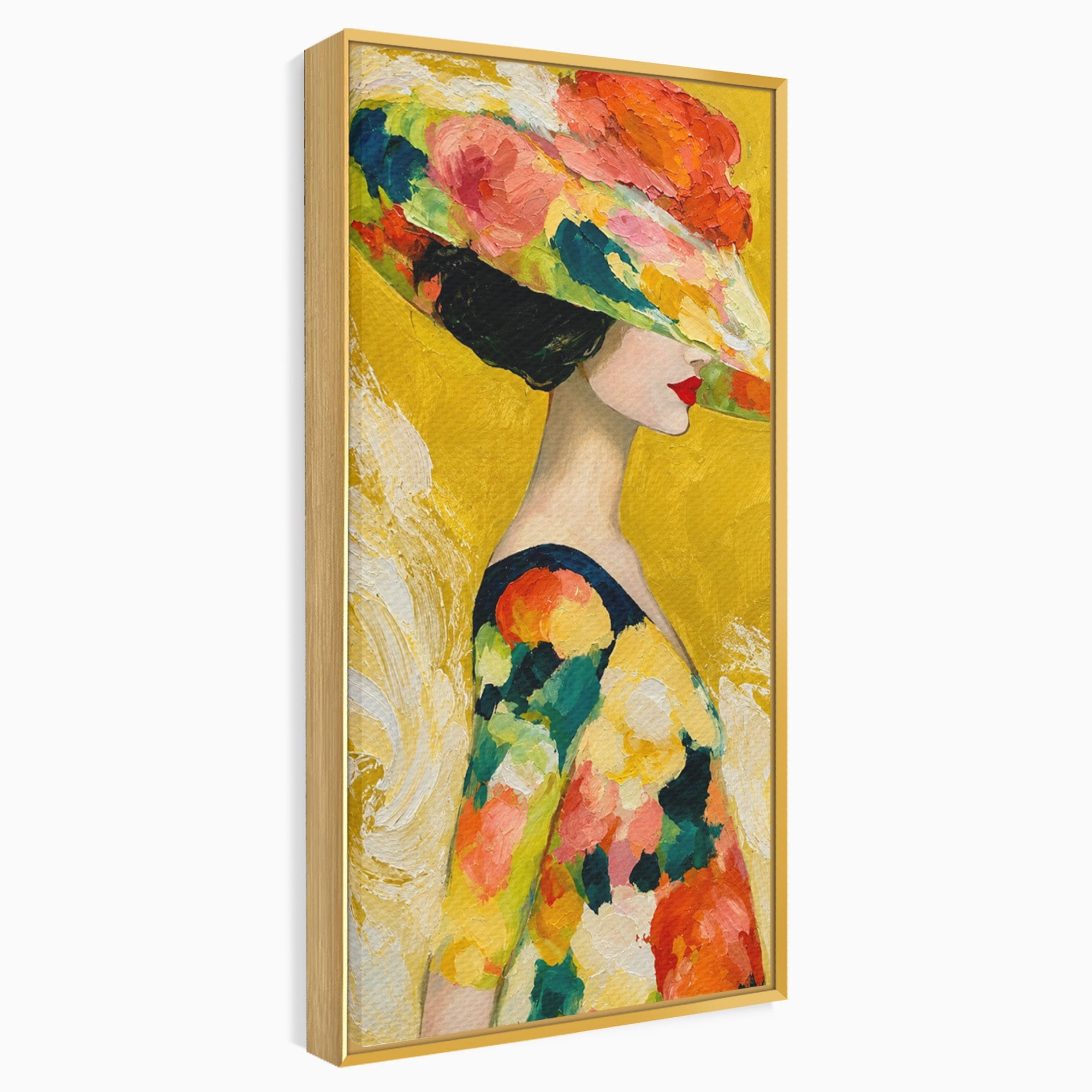 Tablou Canvas Premium LuxCanva® G1290, Femeie Cu Palarie De Flori, Femeie, Palarie, Floral, Portret, Eleganta, Living, Culori Vibrante