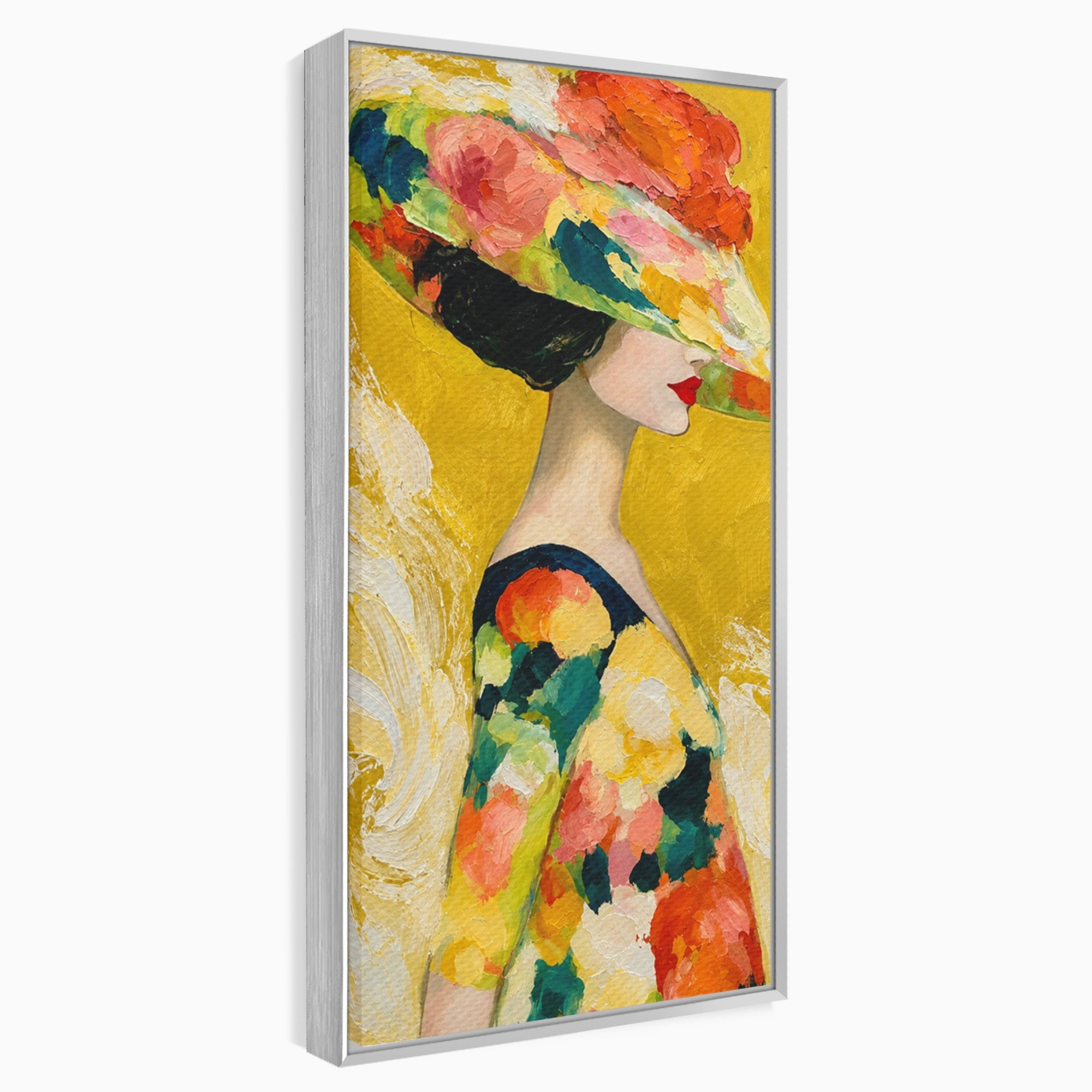 Tablou Canvas Premium LuxCanva® G1290, Femeie Cu Palarie De Flori, Femeie, Palarie, Floral, Portret, Eleganta, Living, Culori Vibrante