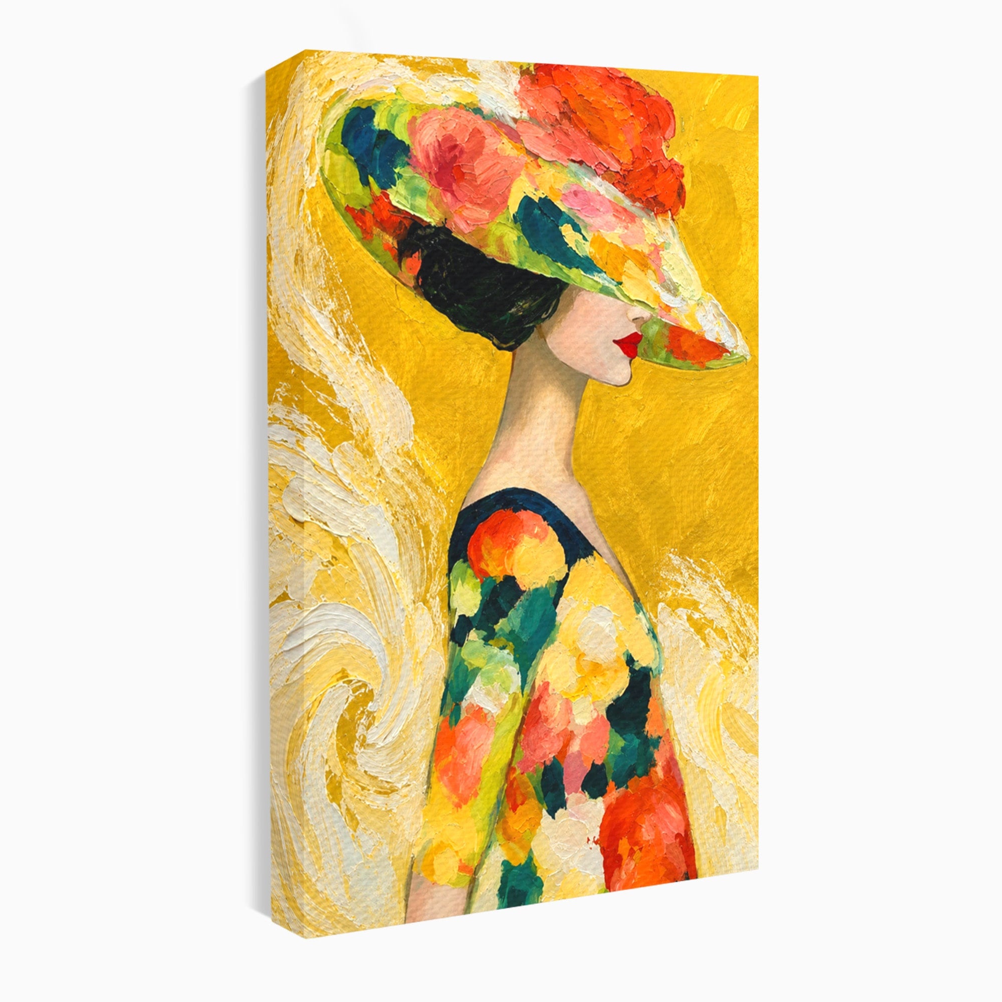 Tablou Canvas Premium LuxCanva® G1290, Femeie Cu Palarie De Flori, Femeie, Palarie, Floral, Portret, Eleganta, Living, Culori Vibrante