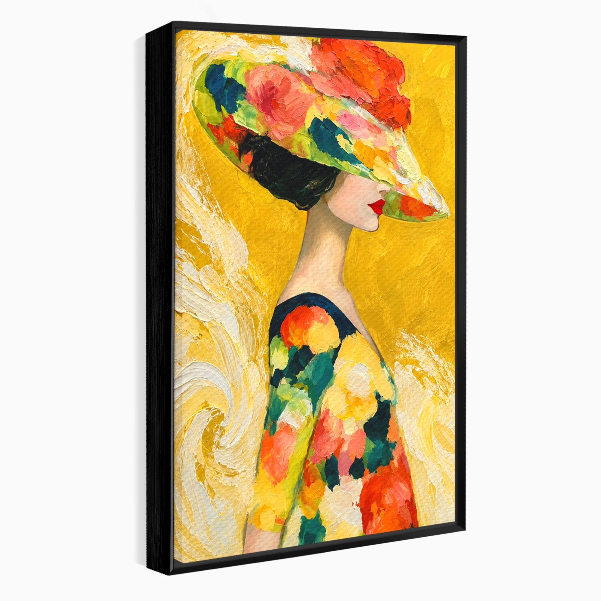 Tablou Canvas Premium LuxCanva® G1290, Femeie Cu Palarie De Flori, Femeie, Palarie, Floral, Portret, Eleganta, Living, Culori Vibrante