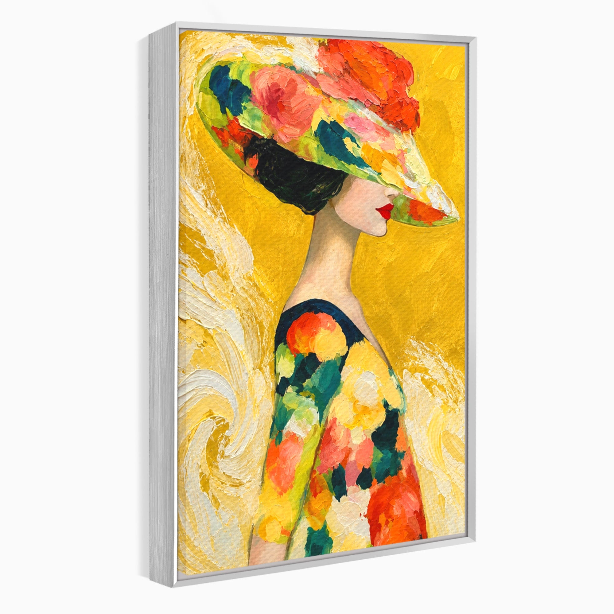 Tablou Canvas Premium LuxCanva® G1290, Femeie Cu Palarie De Flori, Femeie, Palarie, Floral, Portret, Eleganta, Living, Culori Vibrante