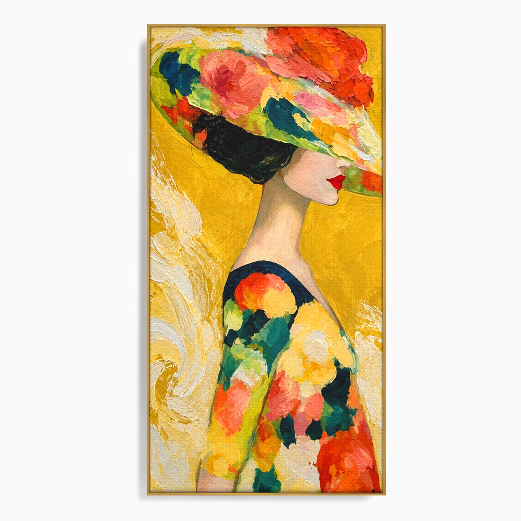 Tablou Canvas Premium LuxCanva® G1290, Femeie Cu Palarie De Flori, Femeie, Palarie, Floral, Portret, Eleganta, Living, Culori Vibrante
