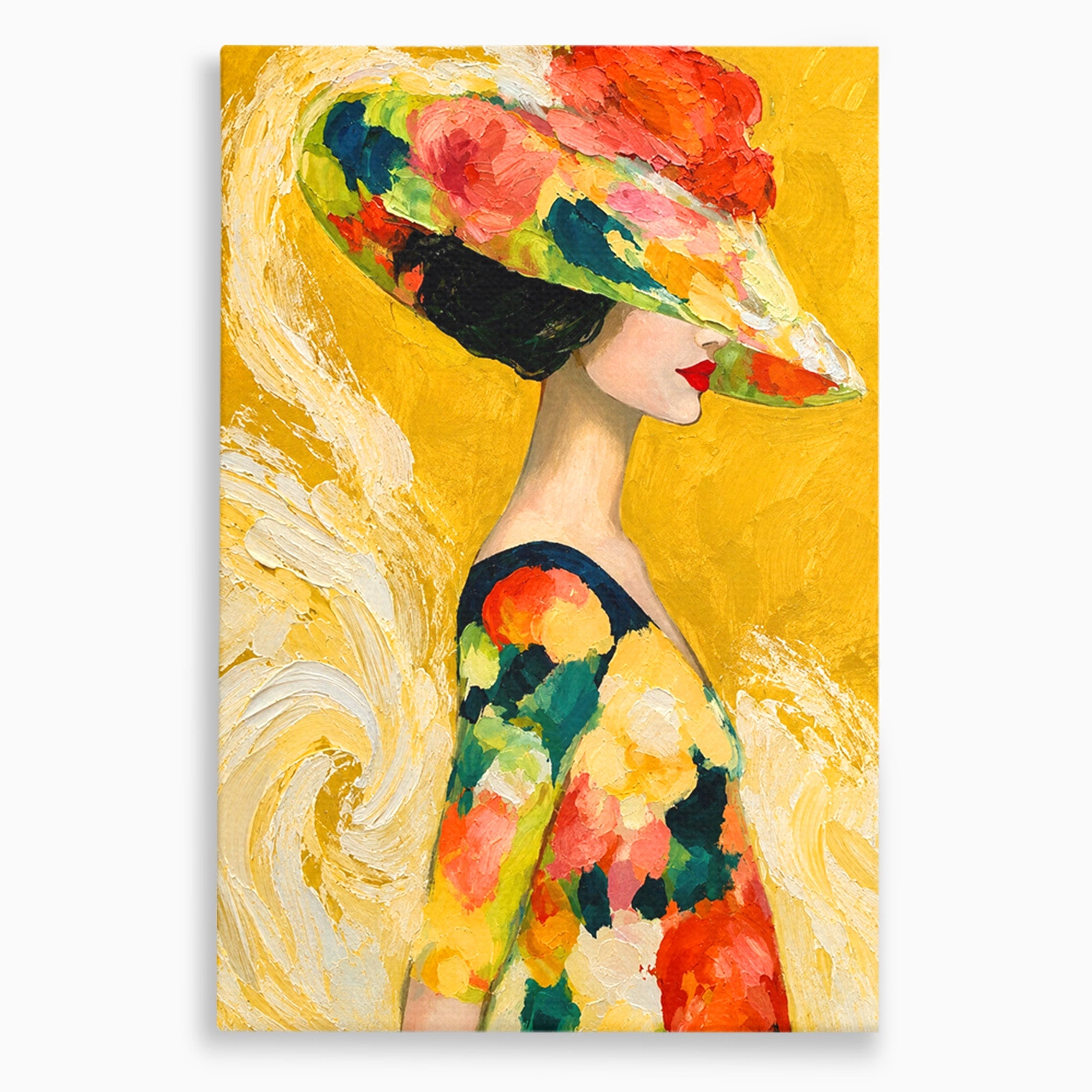 Tablou Canvas Premium LuxCanva® G1290, Femeie Cu Palarie De Flori, Femeie, Palarie, Floral, Portret, Eleganta, Living, Culori Vibrante