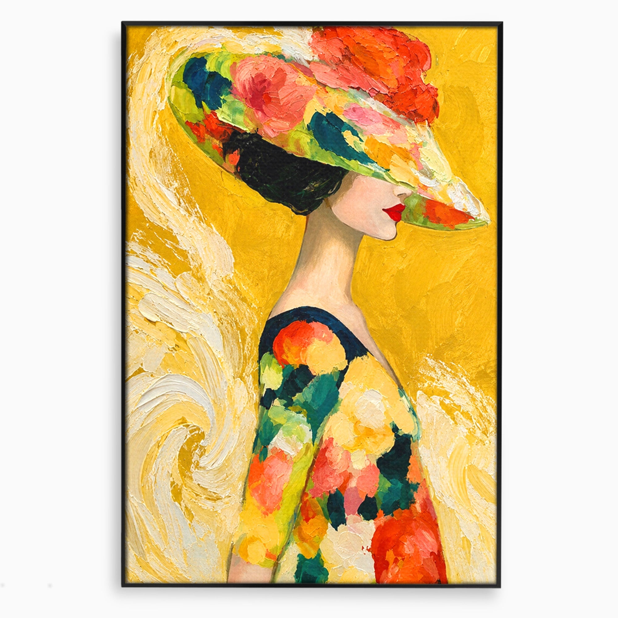 Tablou Canvas Premium LuxCanva® G1290, Femeie Cu Palarie De Flori, Femeie, Palarie, Floral, Portret, Eleganta, Living, Culori Vibrante