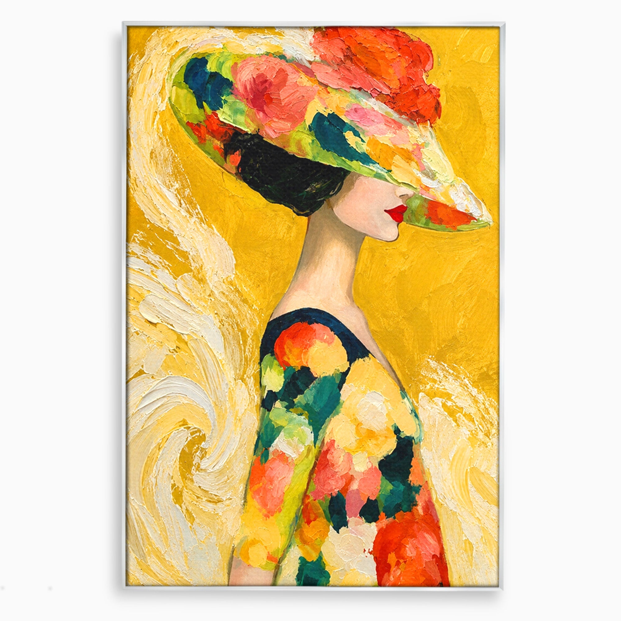 Tablou Canvas Premium LuxCanva® G1290, Femeie Cu Palarie De Flori, Femeie, Palarie, Floral, Portret, Eleganta, Living, Culori Vibrante
