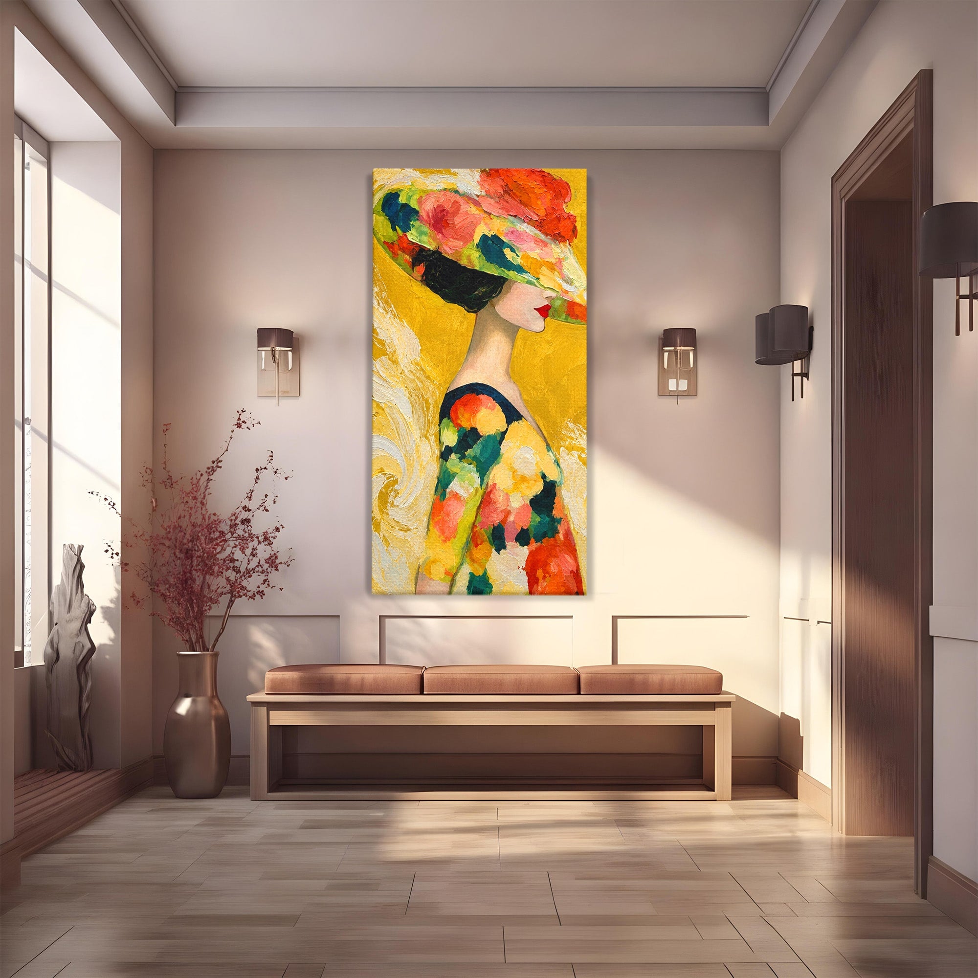 Tablou Canvas Premium LuxCanva® G1290, Femeie Cu Palarie De Flori, Femeie, Palarie, Floral, Portret, Eleganta, Living, Culori Vibrante