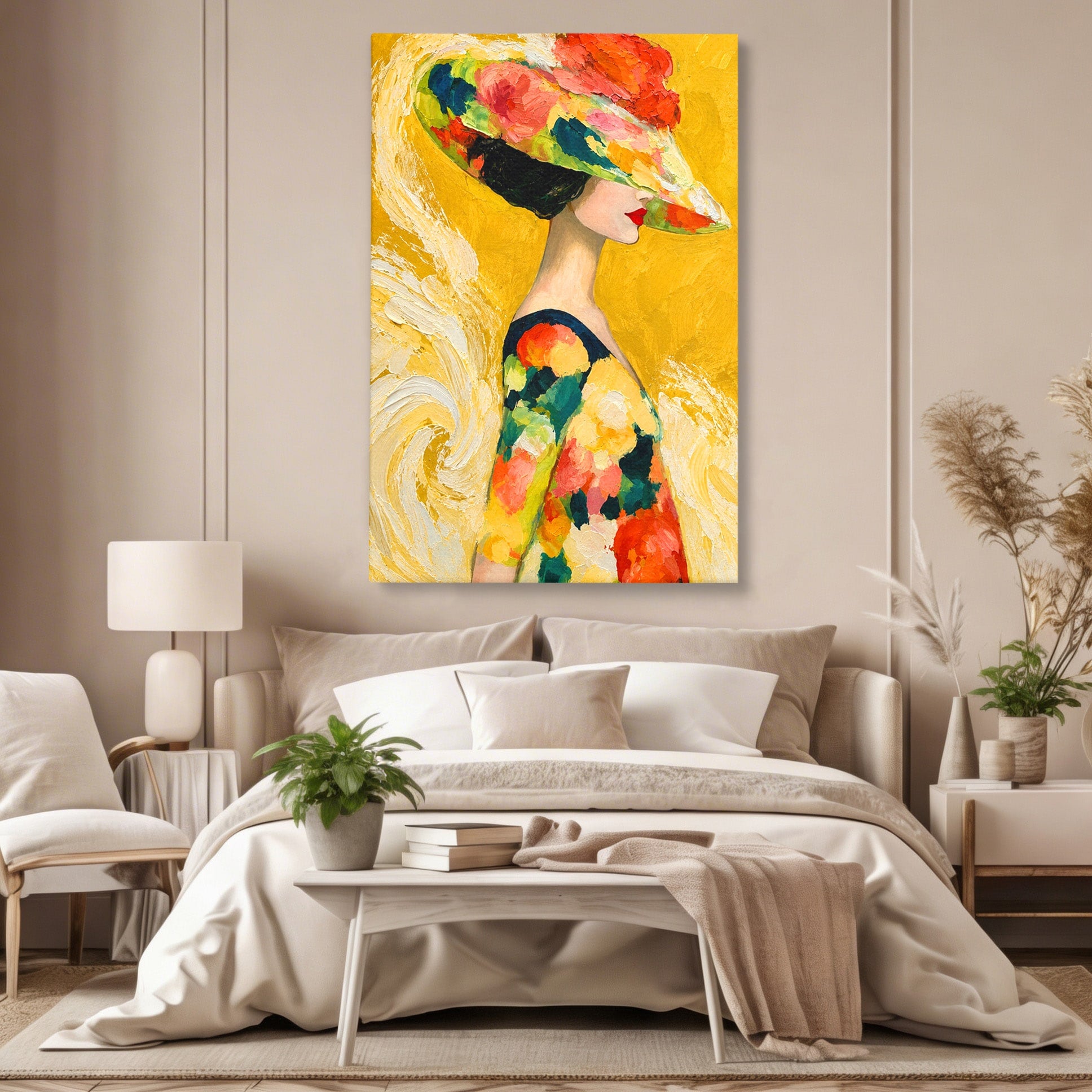 Tablou Canvas Premium LuxCanva® G1290, Femeie Cu Palarie De Flori, Femeie, Palarie, Floral, Portret, Eleganta, Living, Culori Vibrante
