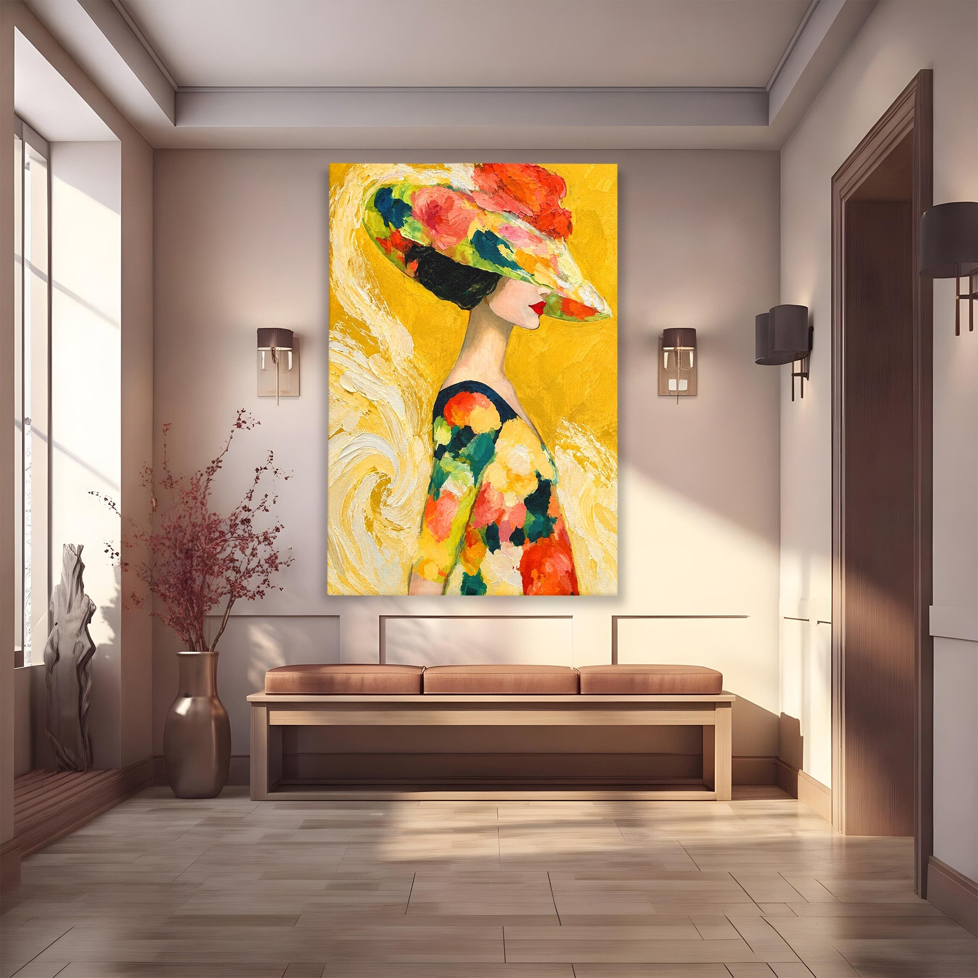 Tablou Canvas Premium LuxCanva® G1290, Femeie Cu Palarie De Flori, Femeie, Palarie, Floral, Portret, Eleganta, Living, Culori Vibrante