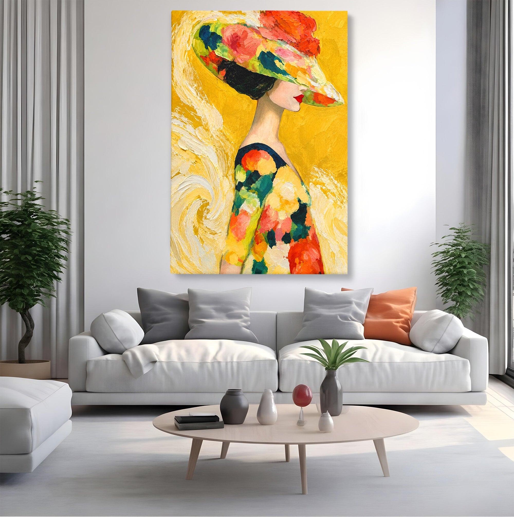 Tablou Canvas Premium LuxCanva® G1290, Femeie Cu Palarie De Flori, Femeie, Palarie, Floral, Portret, Eleganta, Living, Culori Vibrante